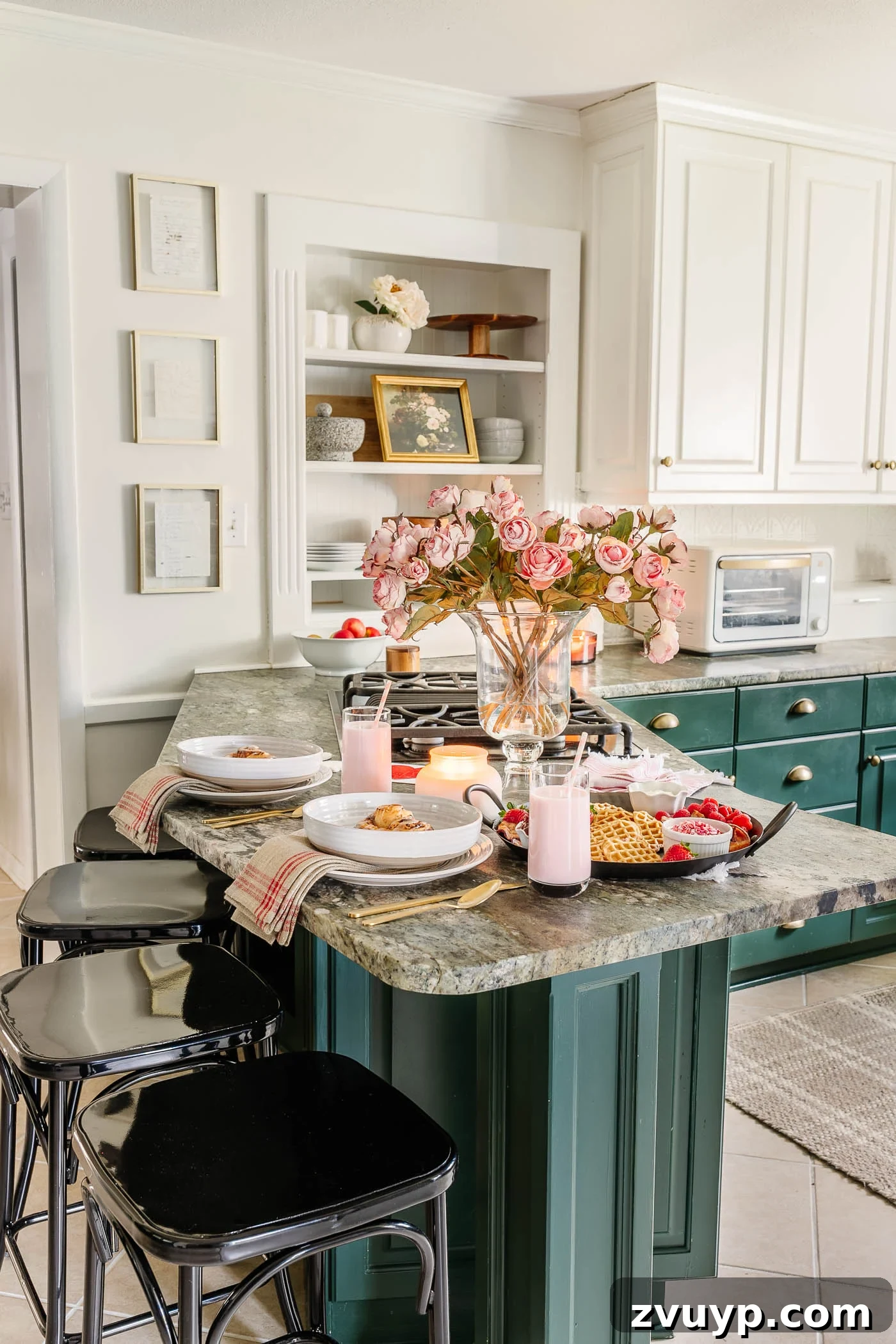 A Lover's Morning Board 14 Valentine's Day breakfast spread on a kitchen bar