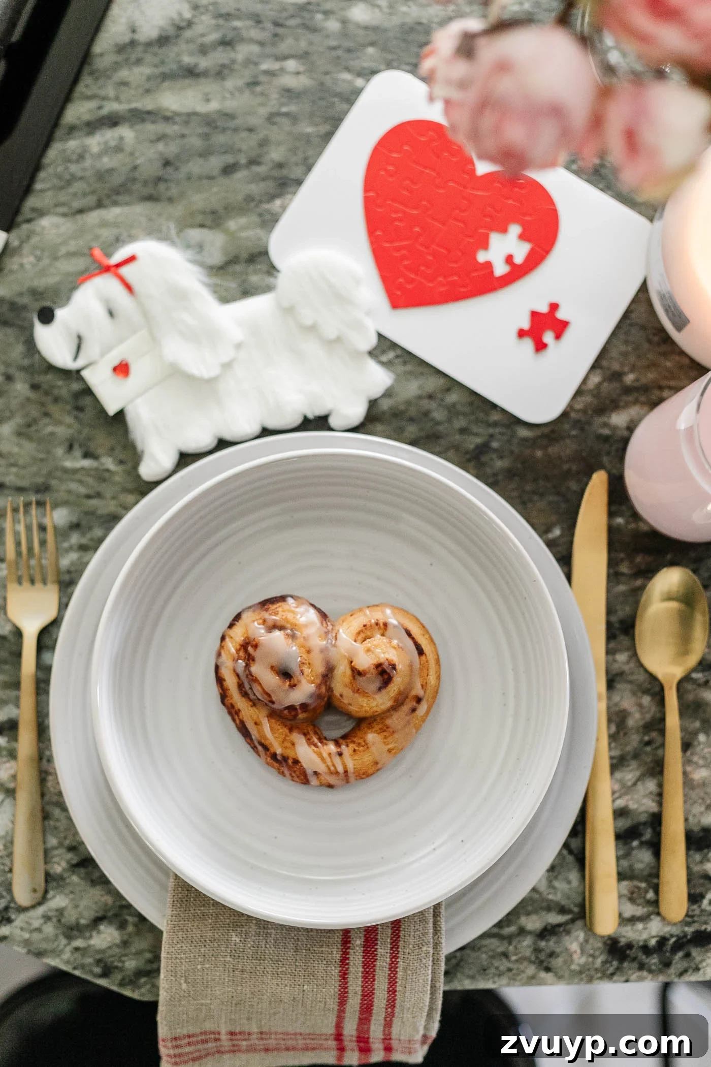 A Lover's Morning Board 9 heart shaped cinnamon rolls - Valentine's Day breakfast idea with place setting
