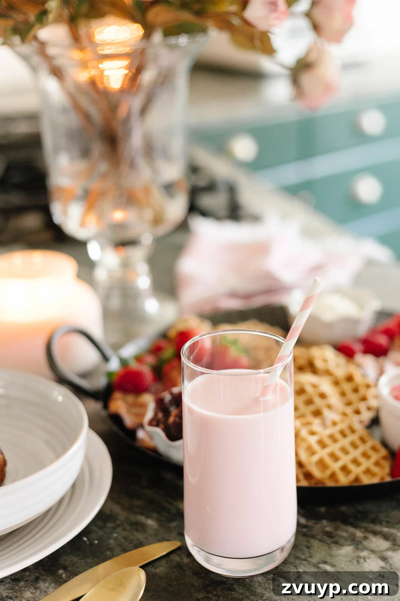 A Lover's Morning Board 10 Valentine's Day breakfast idea for kids - strawberry milk with pink straws