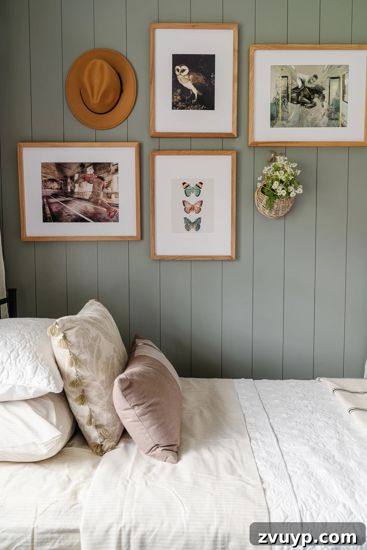 Unearthing Vintage Art Online and Printing Digital Masterpieces 2 vintage wall art in a boho cottage gallery wall featuring a hat, flowers, and owl and butterfly art
