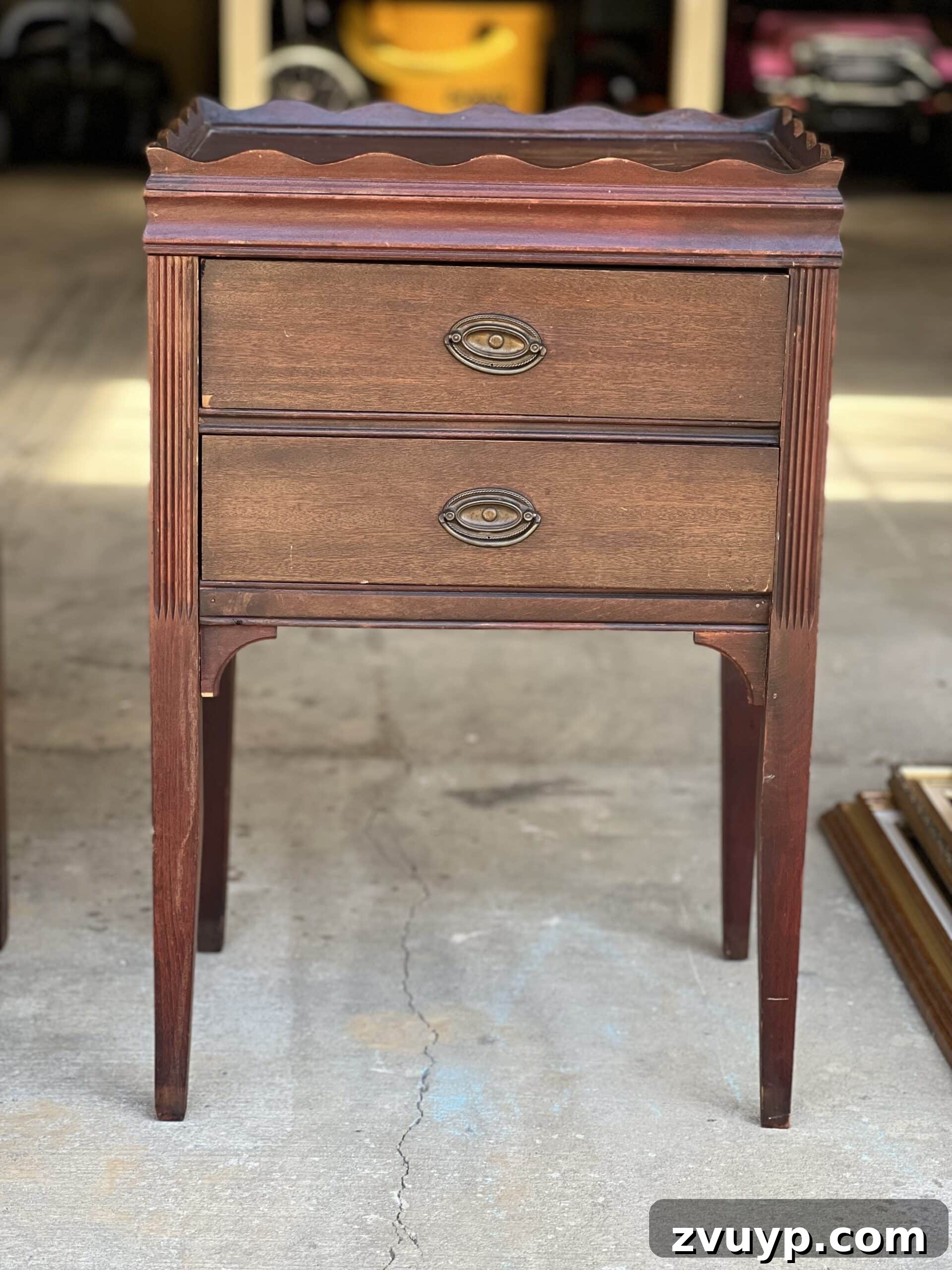 Make Old Wood Furniture Look Brand New 5 Before image of a dark wood nightstand, showing dull finish and scratches