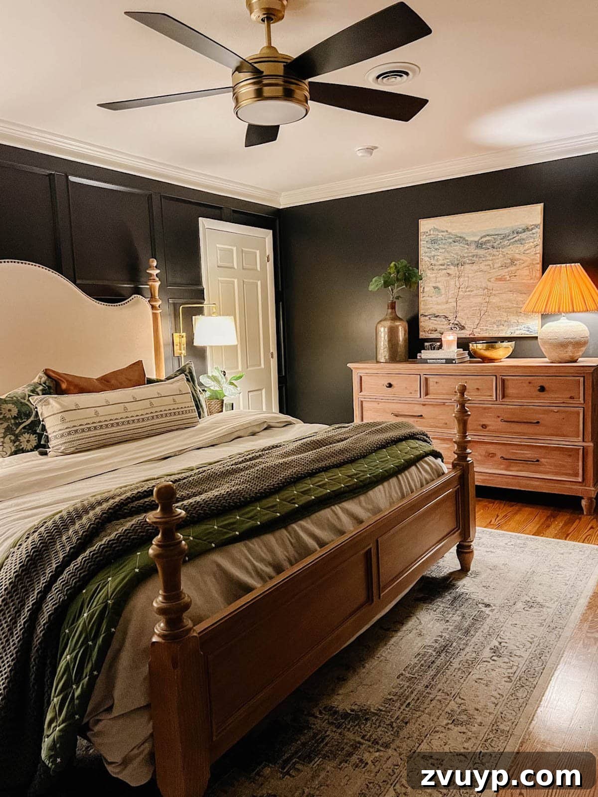 DIY Rustic Table Lamp Makeover: Create Inexpensive Designer Dupes 10 concrete rustic table lamp with pleated shade on bedroom dresser with black walls