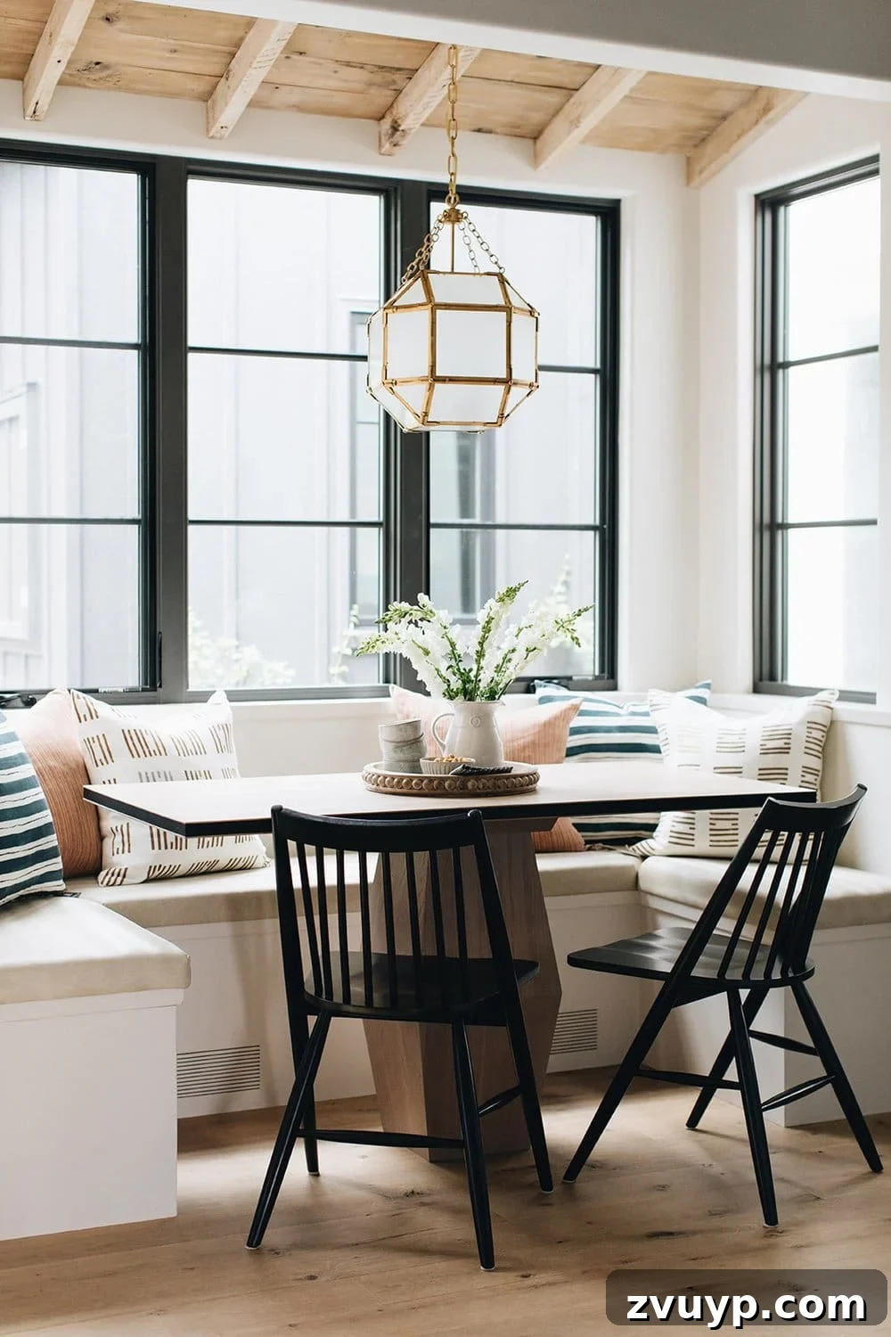 Phase One Kitchen Refresh: Charming Breakfast Nook Inspiration 22 Add Wood to the Ceiling to Create a Kitchen Nook with Extra Hygge