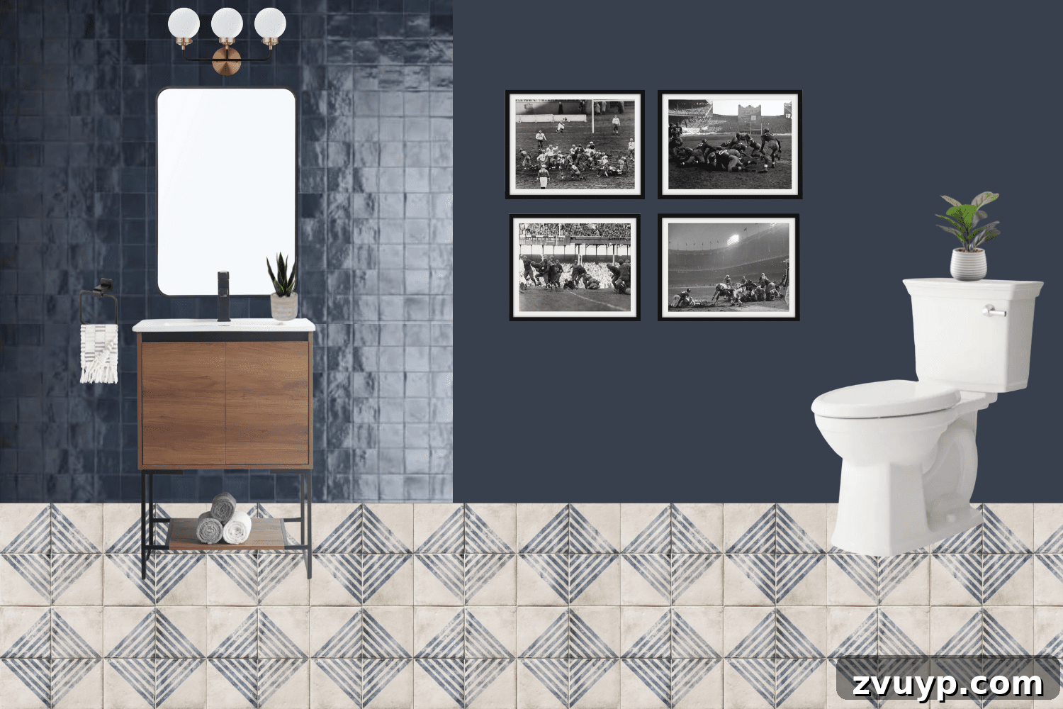 Sleek & Compact: Bachelor Pad Powder Room Makeover 12 powder room mood board showcasing the design elements: navy blue paint, patterned floor tile, stacked wall tile, and modern fixtures