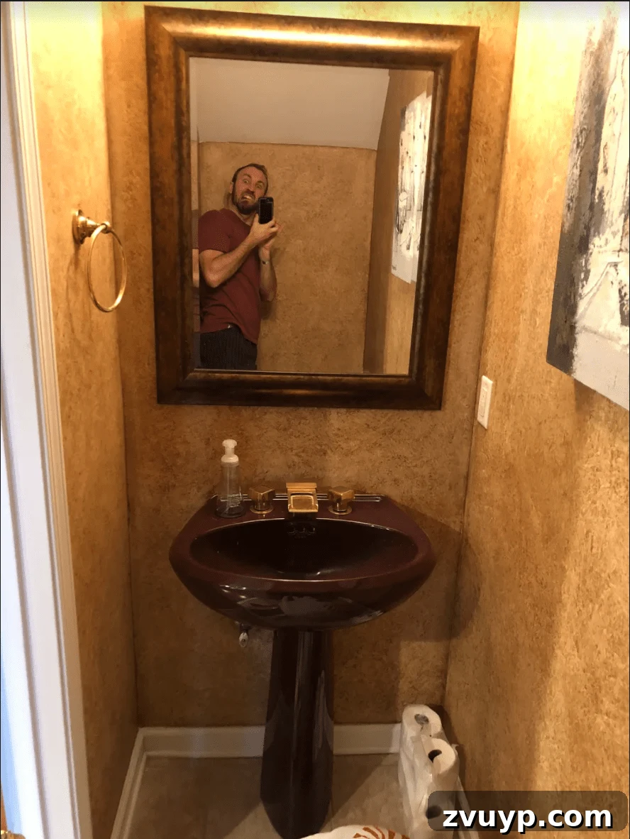 Sleek & Compact: Bachelor Pad Powder Room Makeover 3 powder room before renovation, showing dated purple toilet and sponge-painted walls