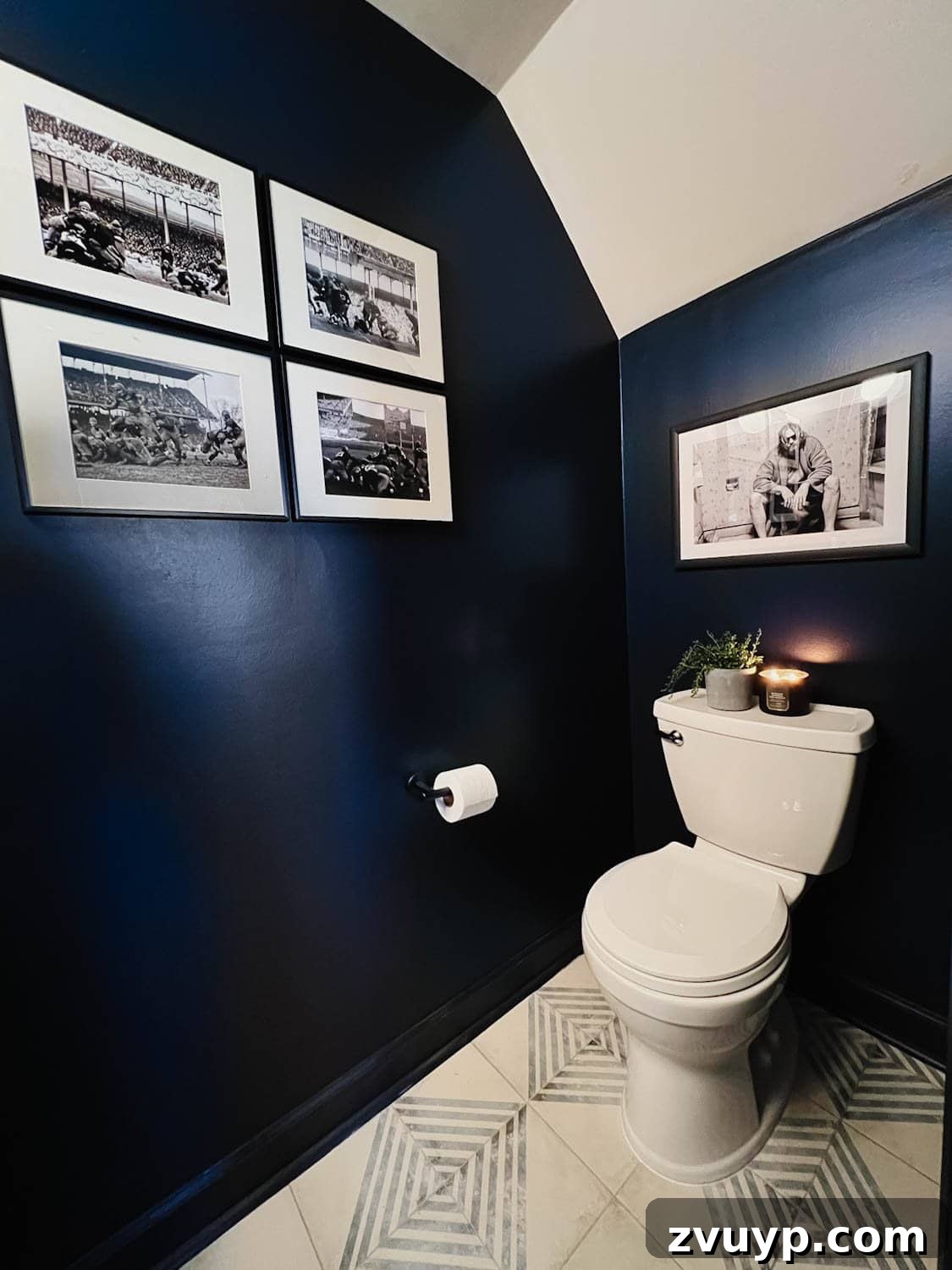 Sleek & Compact: Bachelor Pad Powder Room Makeover 4 Benjamin Moore Polo Blue walls in a small powder room with masculine black and white art and sleek fixtures