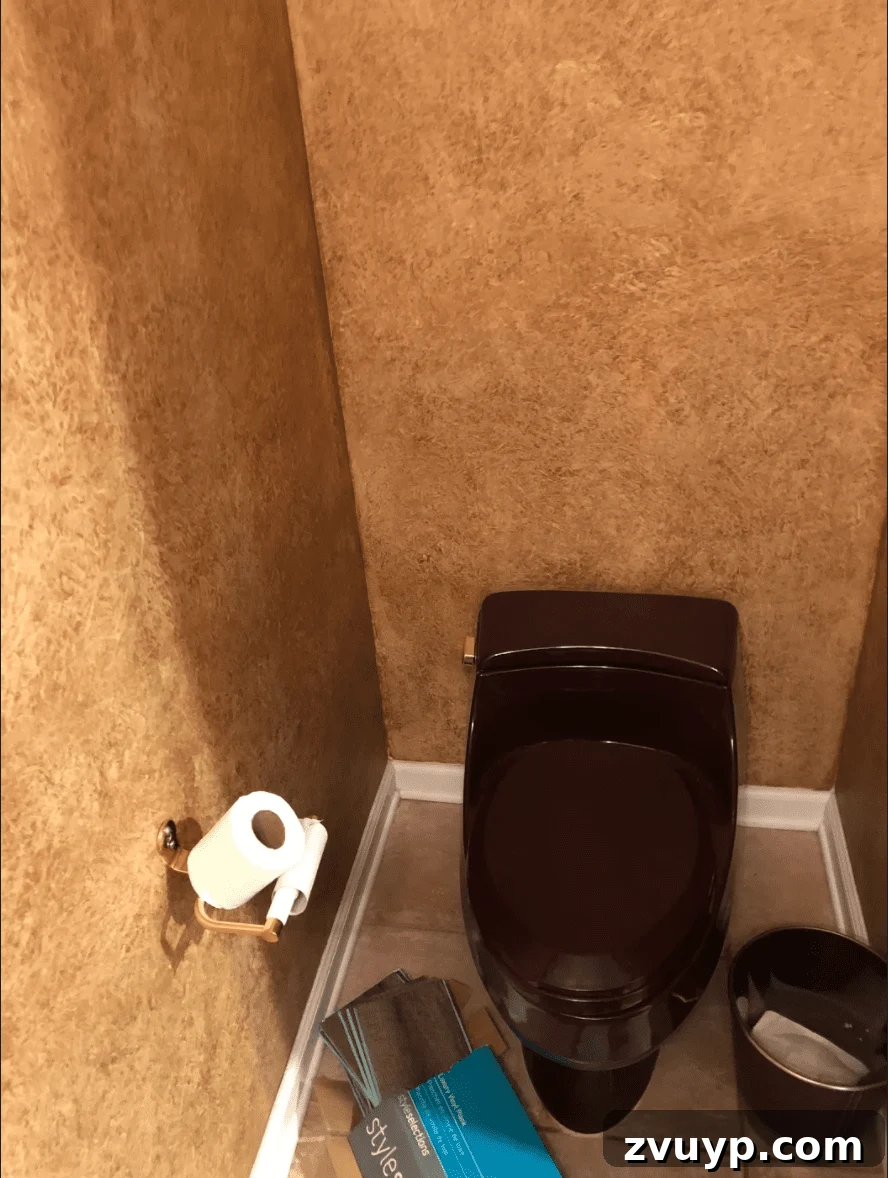 Sleek & Compact: Bachelor Pad Powder Room Makeover 5 powder room before renovation, showcasing the bold purple toilet and textured sponge-painted walls