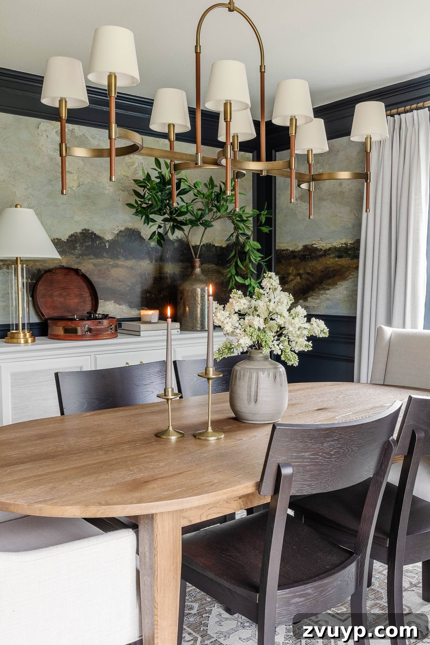Flawless Fakes: The Secret to Finding Real-Looking Artificial Flowers 9 spring decor in a dining room with a vase of flowers on a dining table and a decorated dining buffet, featuring realistic fake flowers