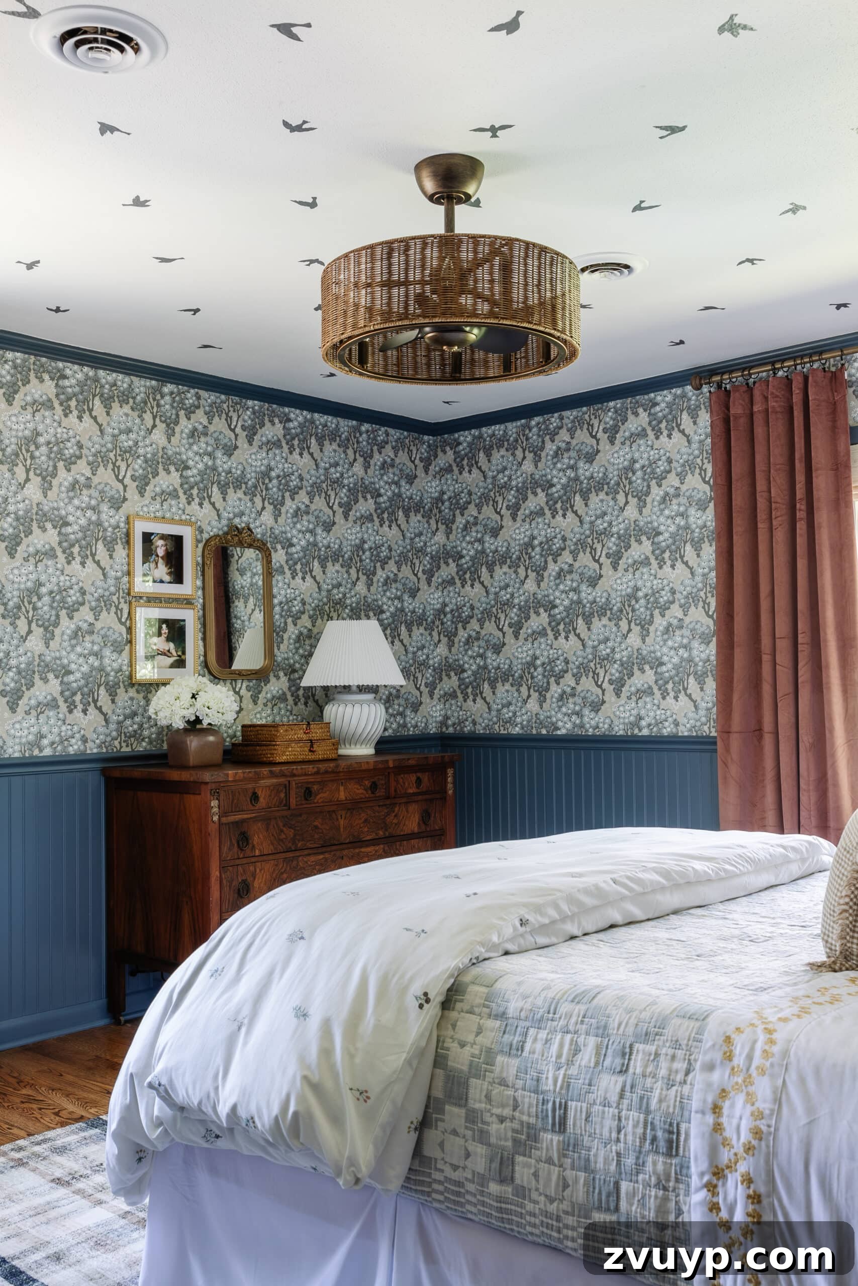 Our Favorite Fandeliers Top-Rated Picks 4 wicker bladeless ceiling fan in a charming bohemian style bedroom, providing comfort and unique decor