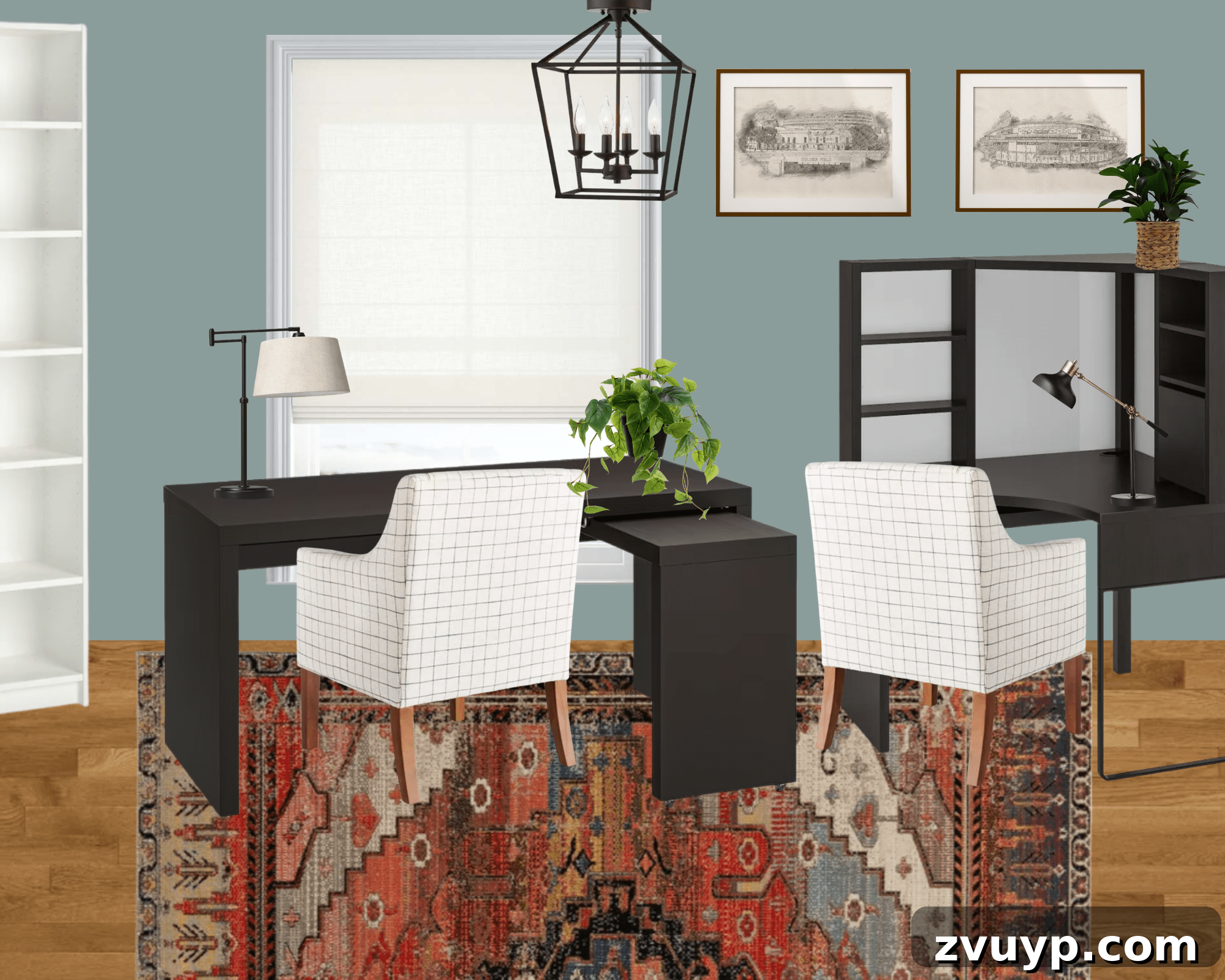 Our Next Project: Home Office and Study Room Design Concepts 3 Home office mood board showing two distinct desk areas: a main desk and a corner desk, designed for optimal space utilization.
