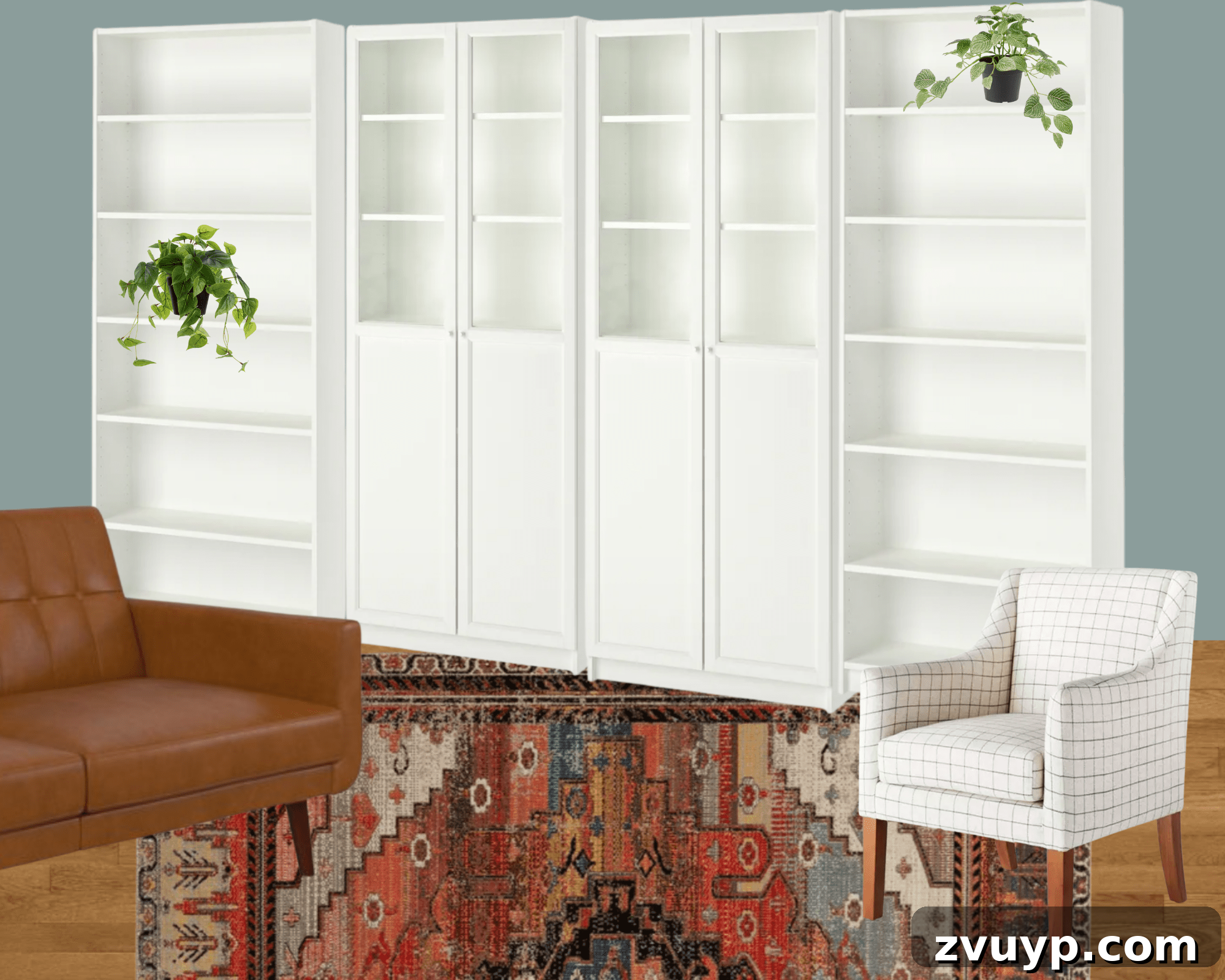 Our Next Project: Home Office and Study Room Design Concepts 5 Home office mood board illustrating a design with custom built-in shelves, showcasing a clean, integrated storage solution.