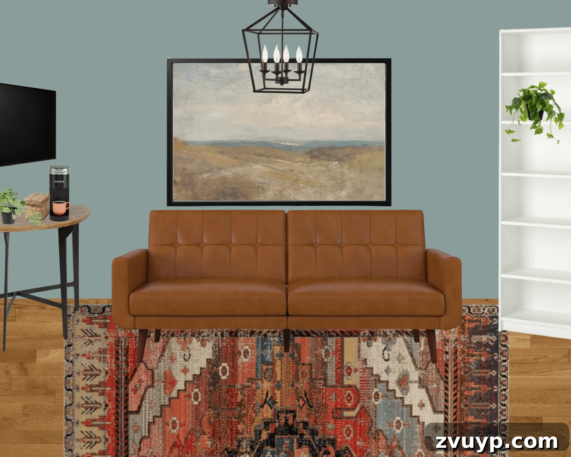 Our Next Project: Home Office and Study Room Design Concepts 7 Home office mood board showing a cozy lounge and guest area with a futon, framed art, and a soft color palette.