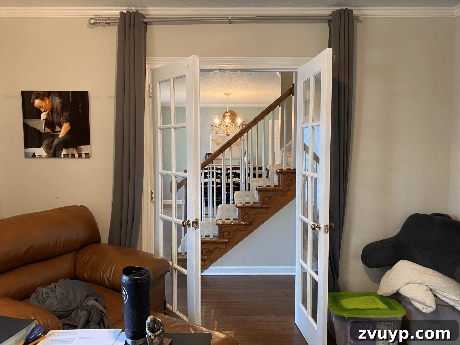 Our Next Project: Home Office and Study Room Design Concepts 8 Before photo of home office French doors, showing clear glass panes that offer no privacy.