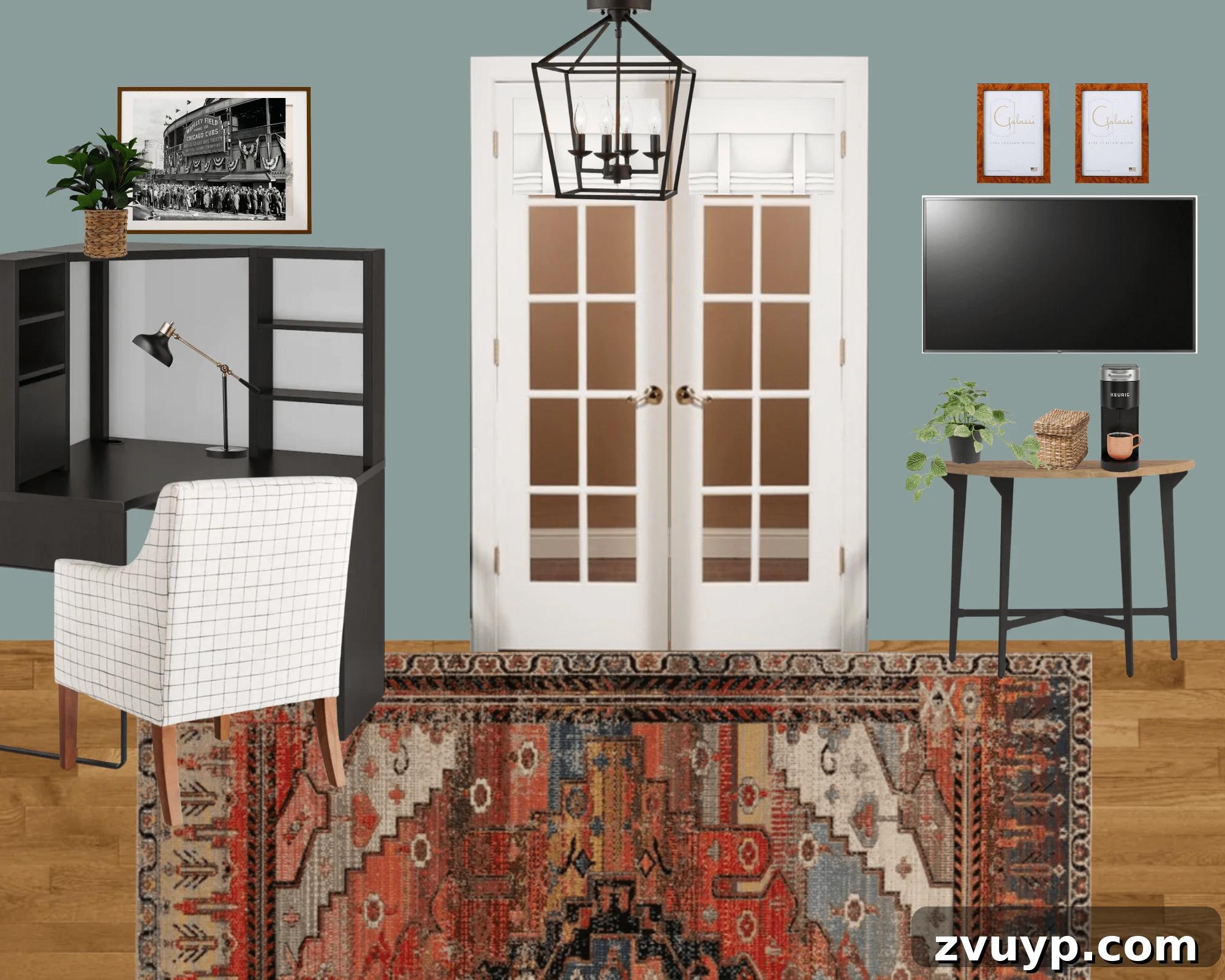 Our Next Project: Home Office and Study Room Design Concepts 9 Home office mood board showing French doors with Roman shades and a small coffee station next to them.