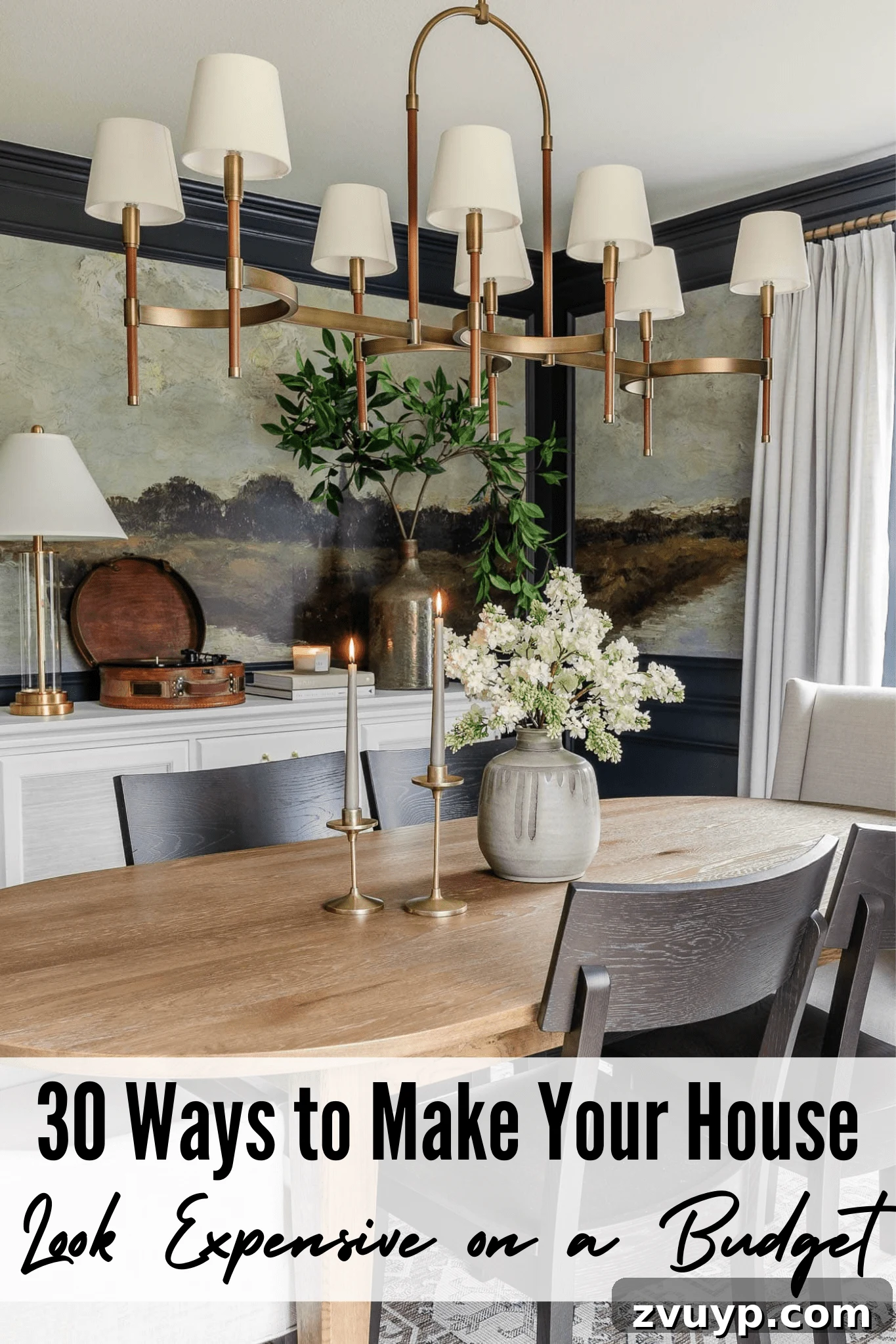 Faux Luxury Home Style for Less 2 30 ways to make your house look expensive on a budget - dining room with navy blue paint and mural wallpaper