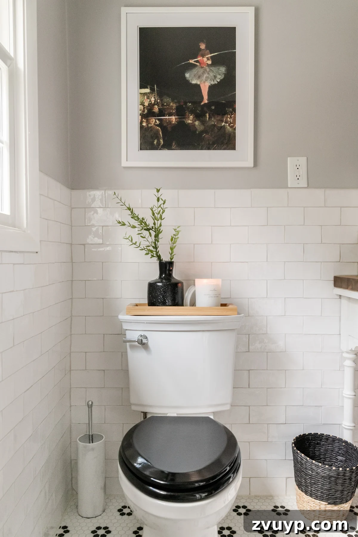 Faux Luxury Home Style for Less 33 black and white bathroom with retro tile and tightrope walker art