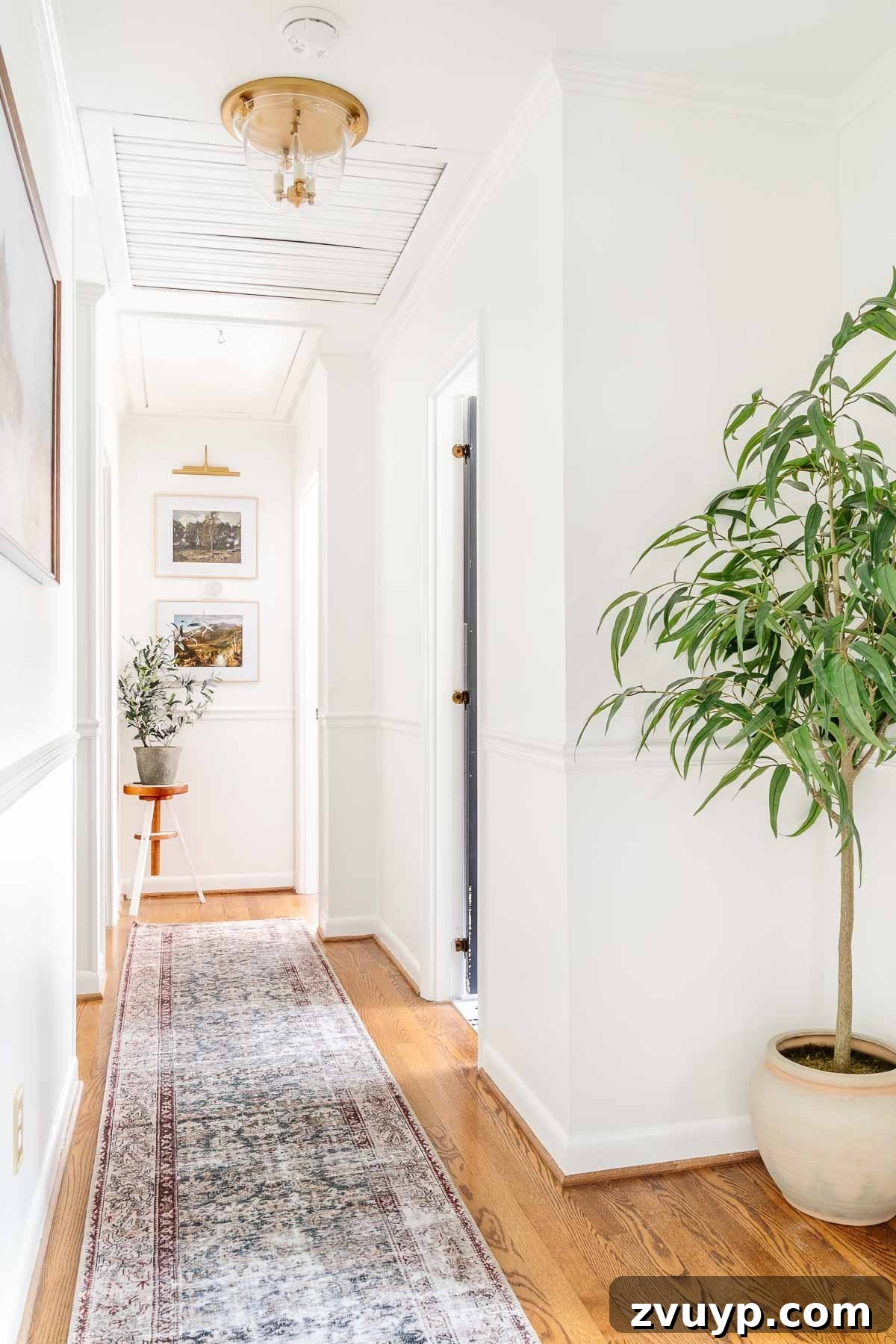 Faux Luxury Home Style for Less 9 white painted hallway with plants and runner rug