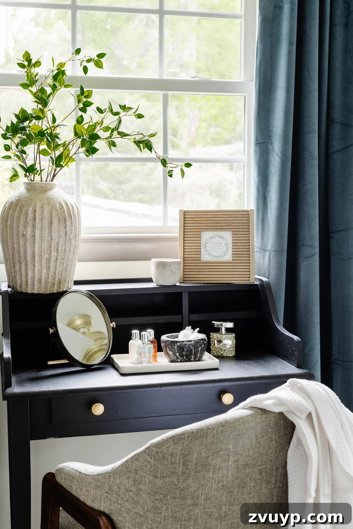 Transform Any Room in 60 Minutes: Guest Bedroom Edition 12 guest bedroom vanity area styled with items from around the house, demonstrating cost-effective redecoration