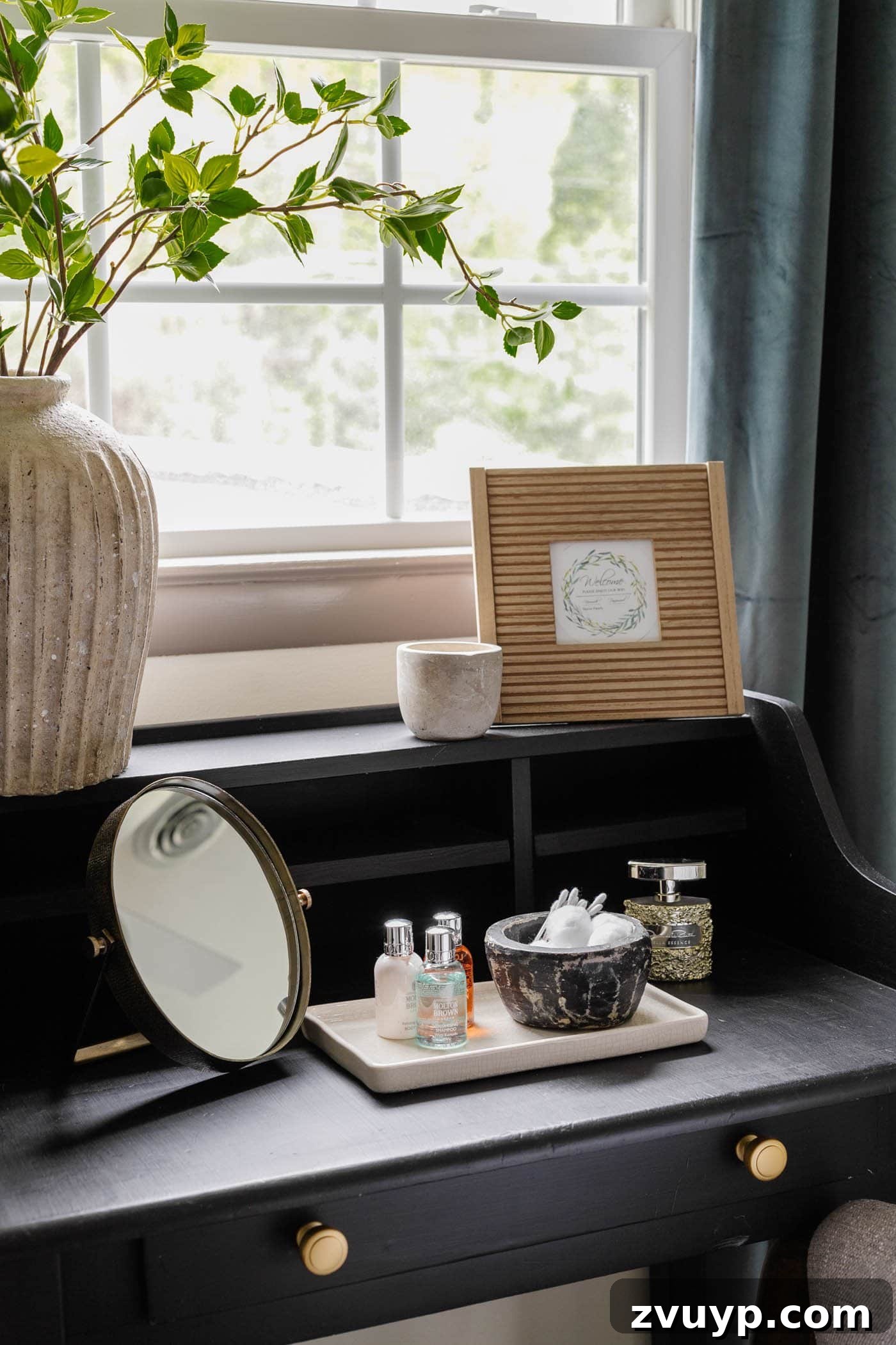 Transform Any Room in 60 Minutes: Guest Bedroom Edition 13 guest bedroom vanity featuring toiletries and a framed WiFi information for a welcoming touch
