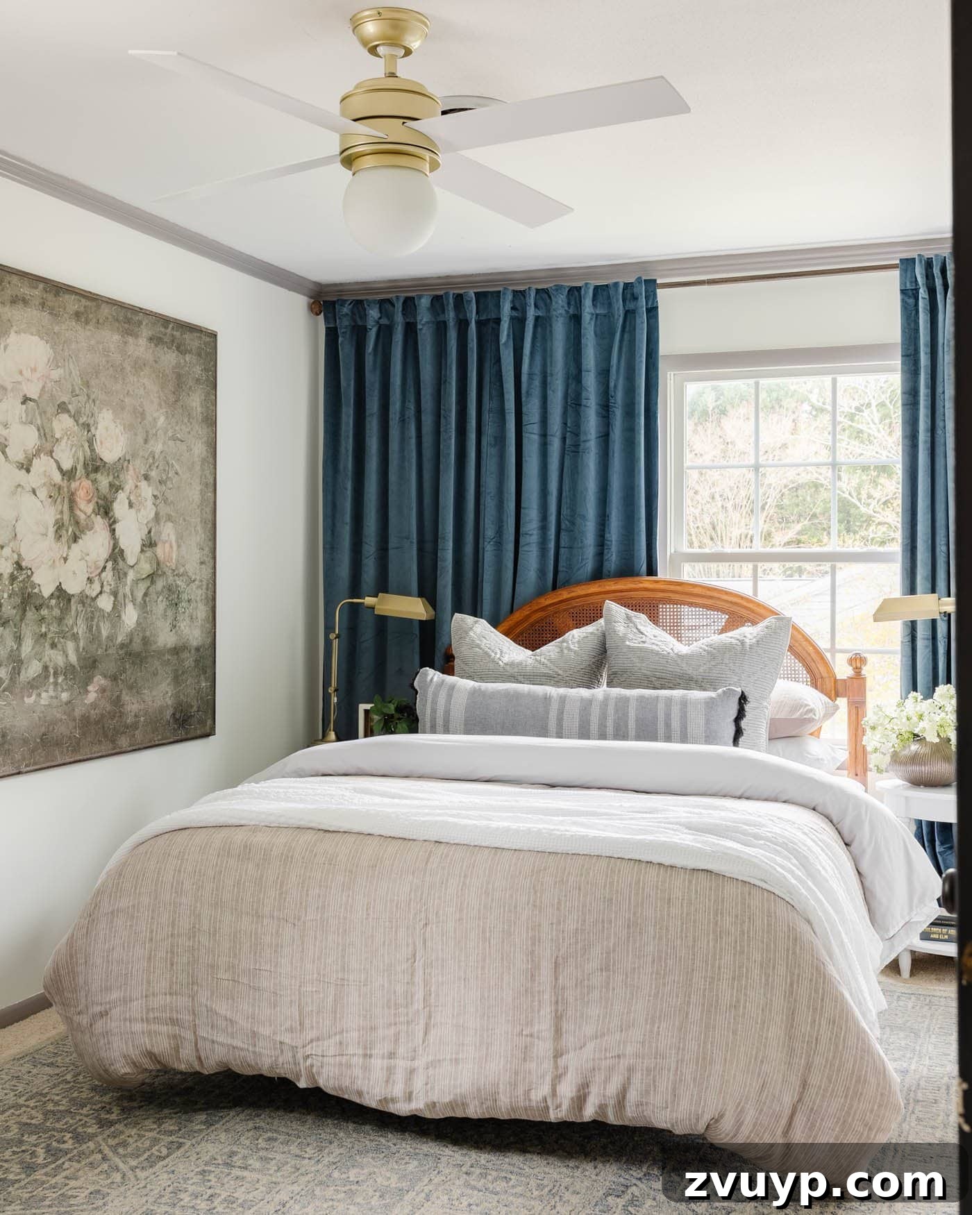 Transform Any Room in 60 Minutes: Guest Bedroom Edition 3 refreshed guest bedroom with blue curtains and a cane bed, ready for summer