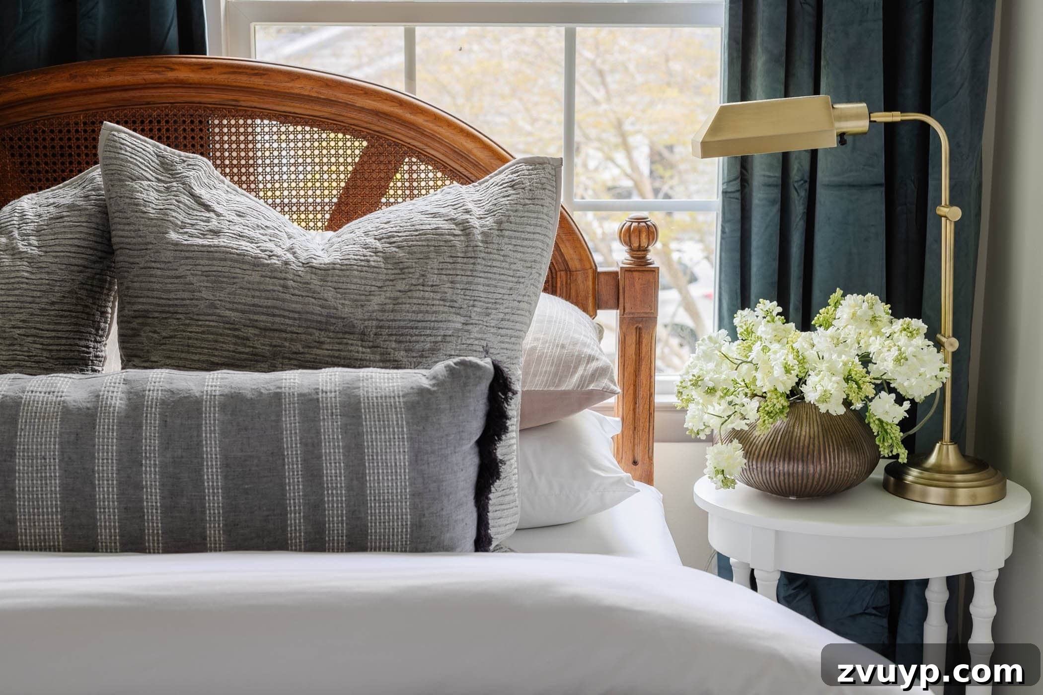 Transform Any Room in 60 Minutes: Guest Bedroom Edition 4 neutral bedding and cane headboard in a guest bedroom with fresh flowers on nightstand, inspired by resort style