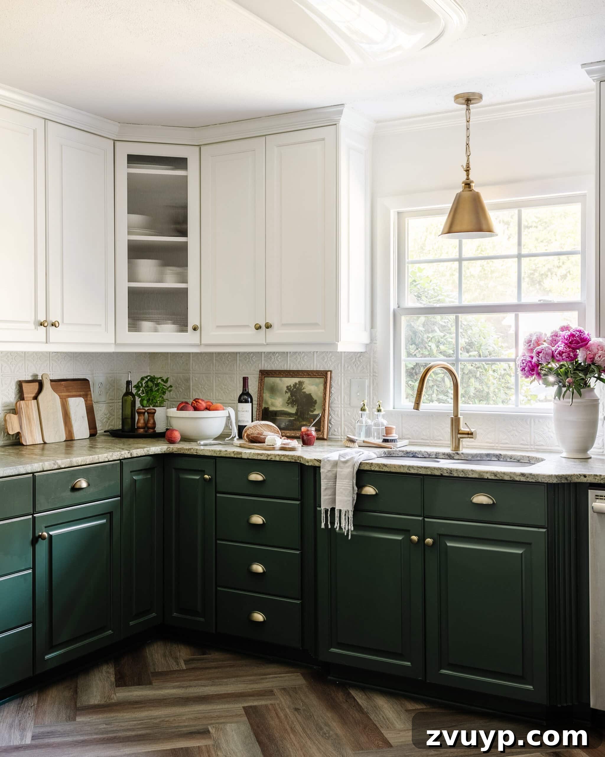 Wayfair Way Day 2023: Grab the Hottest Bargains 2 A beautifully styled kitchen showcasing a pendant light, modern faucet, pressed panel backsplash, cutting board, picture frame, kitchen towel, and reeded glass window film.
