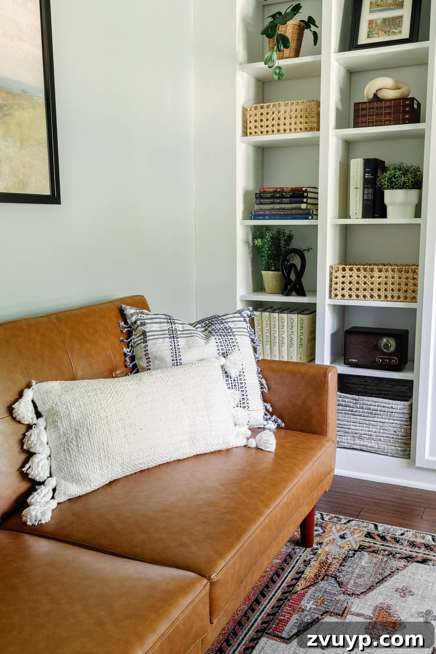 Elevate Your Home Office Setup Smart Tips Plus Full Reveal 10 Walmart faux leather futon reading nook with IKEA built-in office shelving