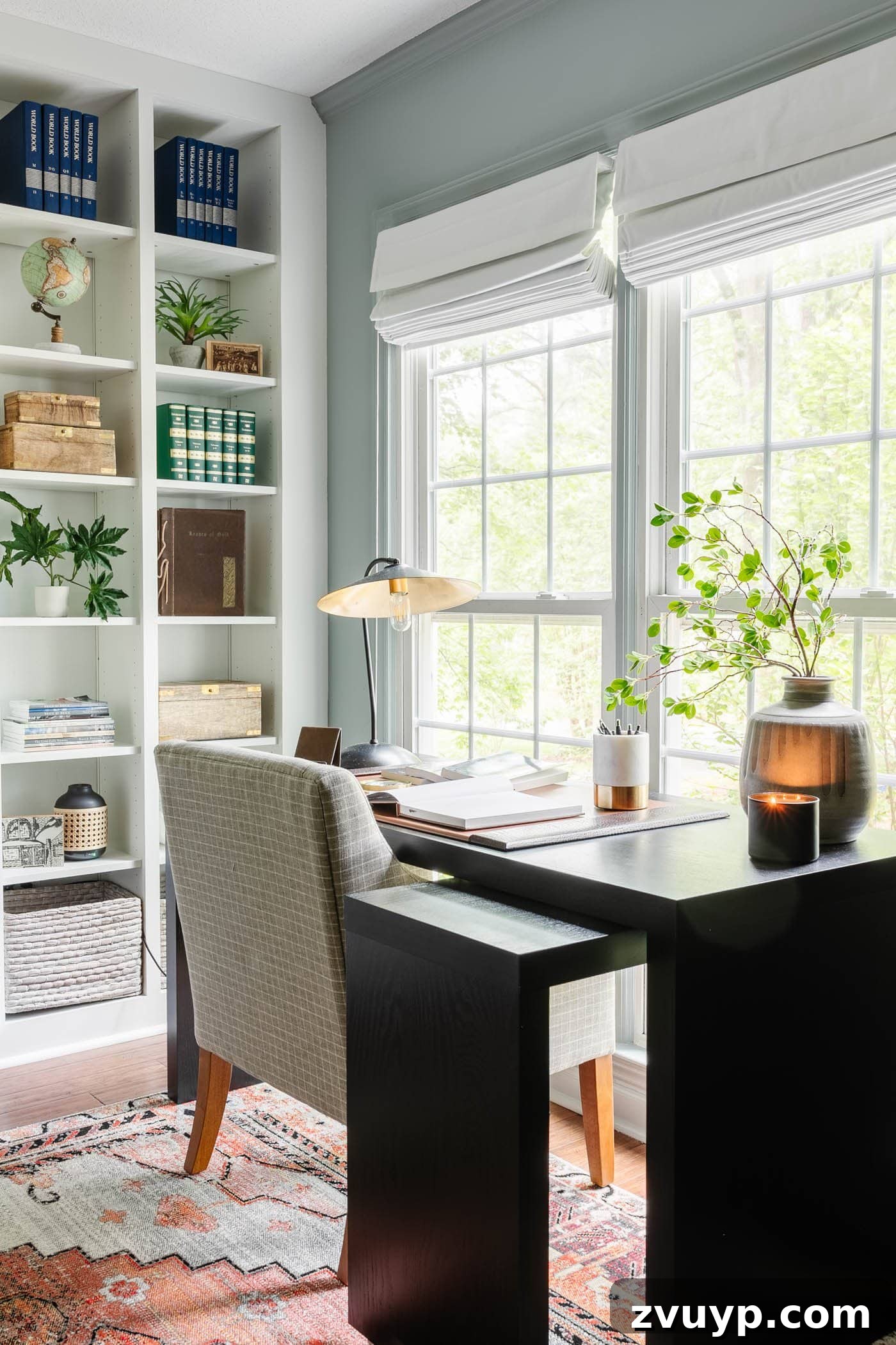 Elevate Your Home Office Setup Smart Tips Plus Full Reveal 3 black home office desk in front of a window with shelves