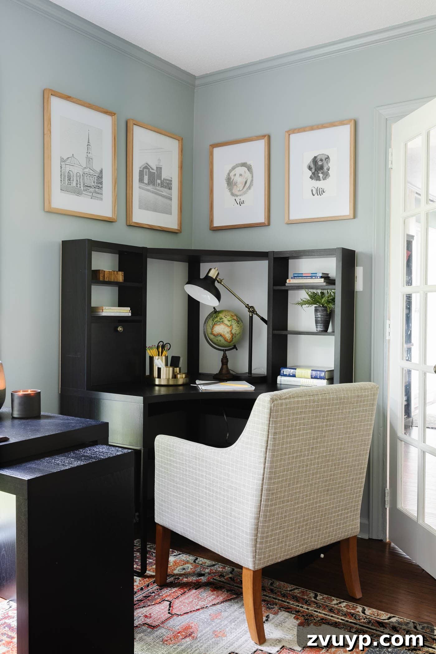 Elevate Your Home Office Setup Smart Tips Plus Full Reveal 5 IKEA MICKE corner desk in a home office with globe and lamp for homeschooling
