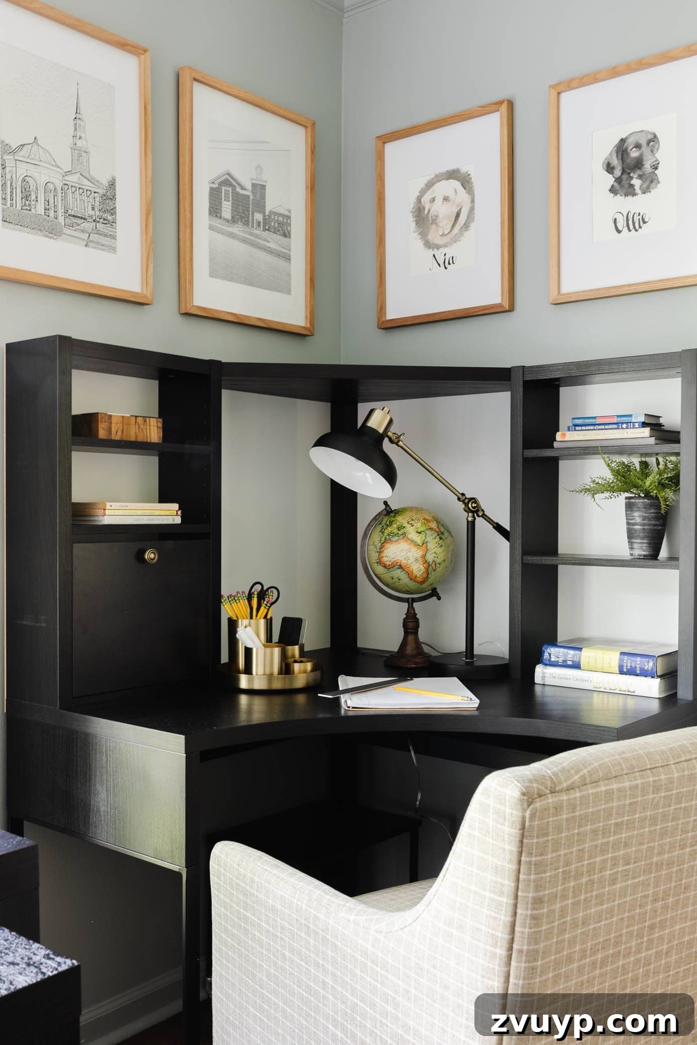 Elevate Your Home Office Setup Smart Tips Plus Full Reveal 6 corner desk in a school room for homeschooling and office supply organizer, desk lamp, globe, and upholstered desk chair