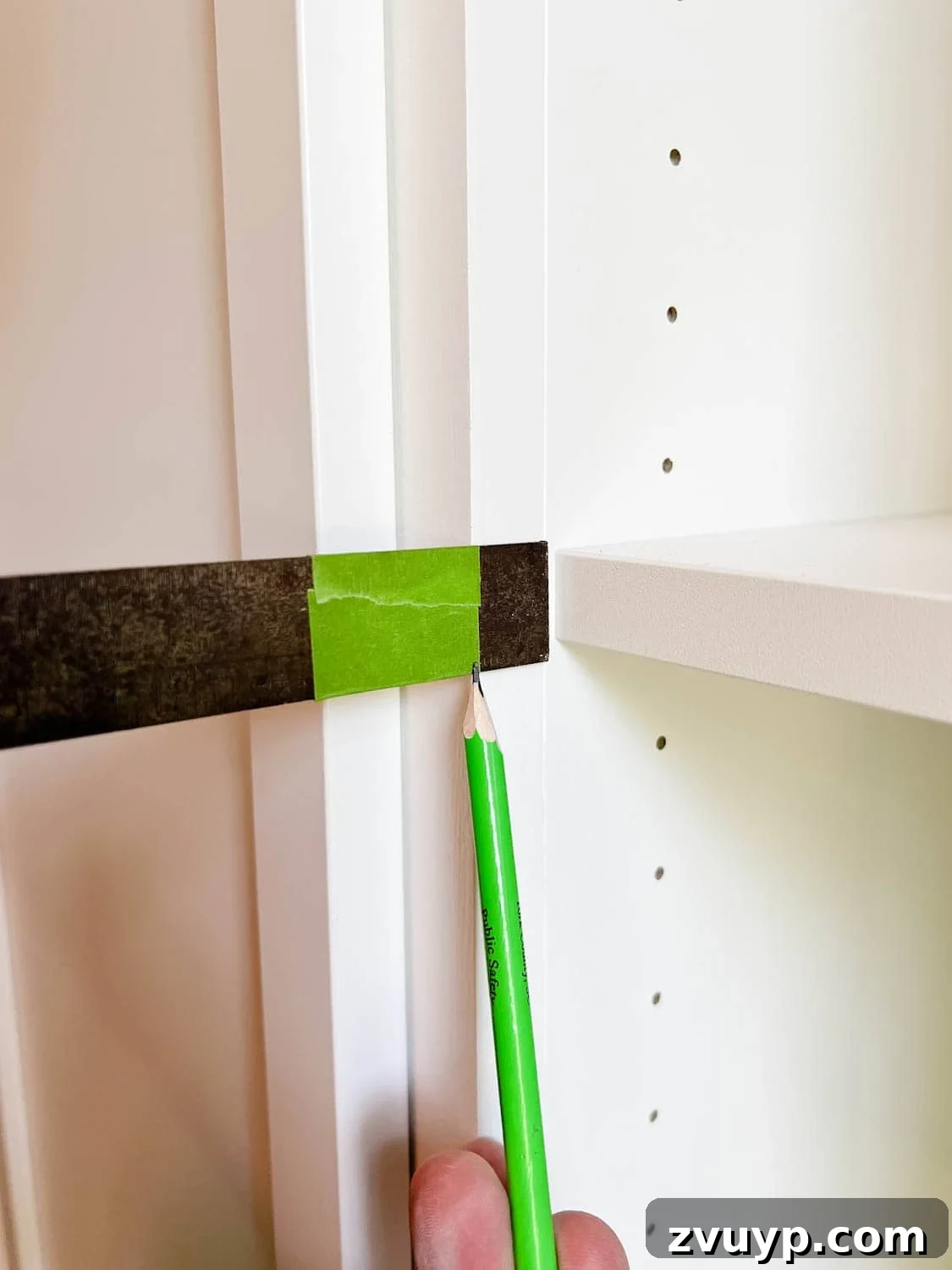 The IKEA Billy Hack: Custom Built-In Bookshelves Made Easy 28 using tape on a combination square to mark new depth of hinge holes
