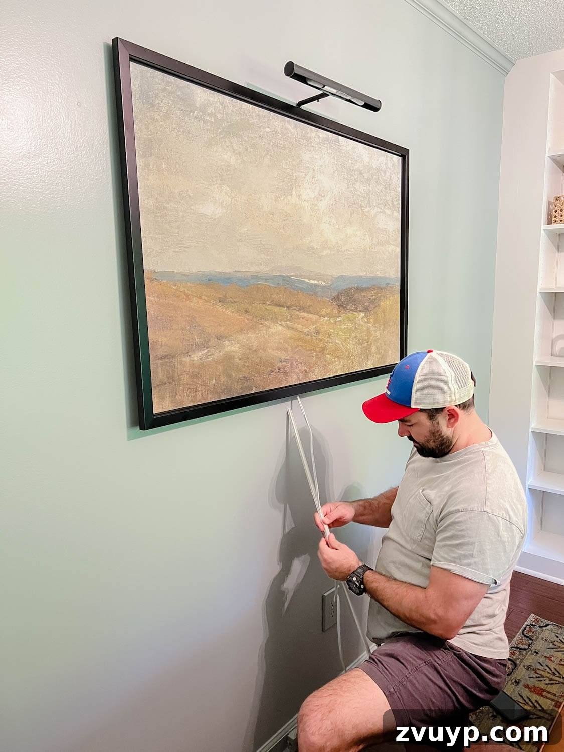 Illuminate Your Art Wirelessly: Picture Light Installation Guide 4 installing a picture light above a piece of art and wrapping cord in cord covers