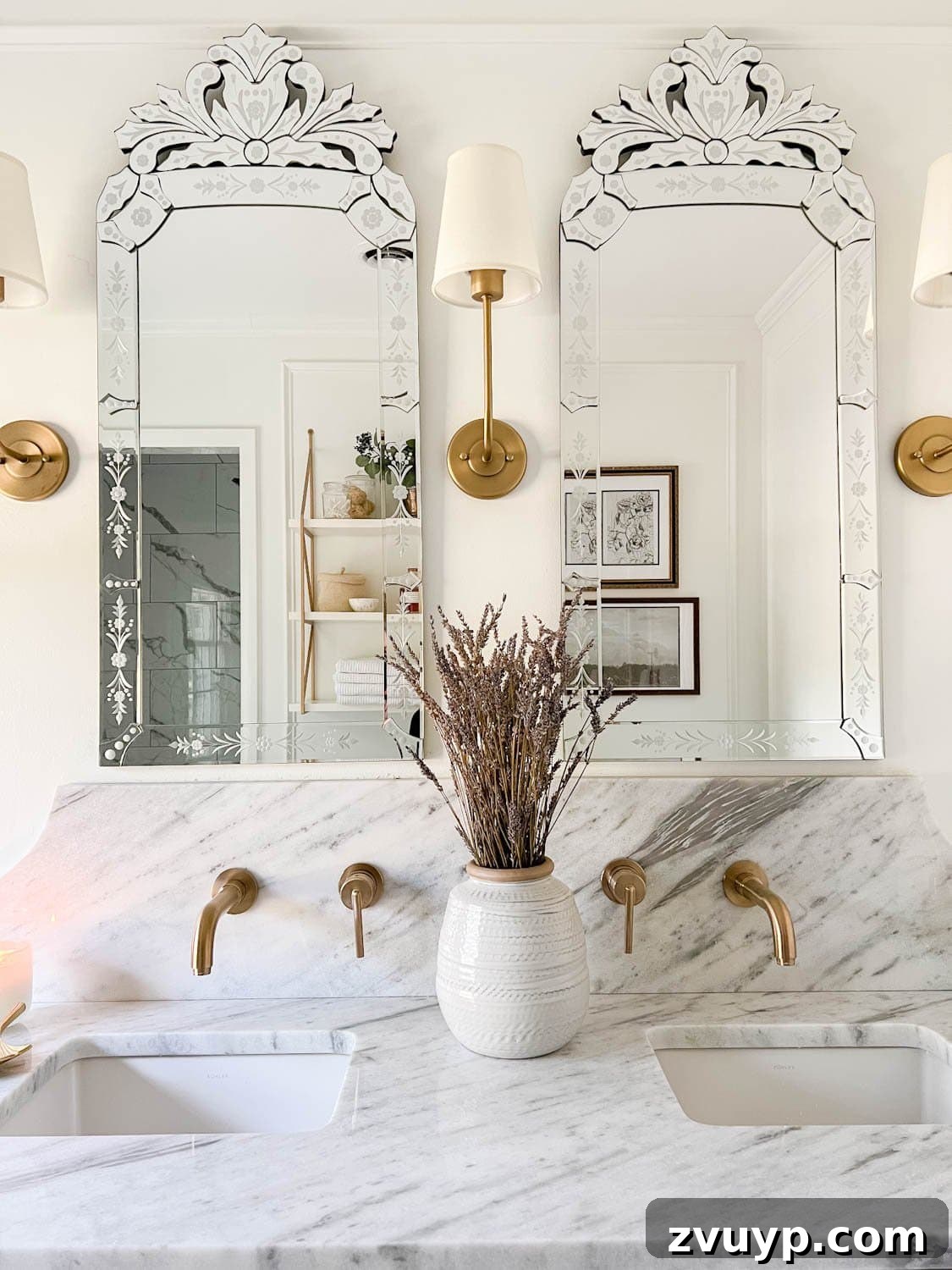 Spa Chic on a Shoestring: Elevate Your Bathroom 11 Venetian mirrors, shaded sconces, and lavender in a vase for spa bathroom decor