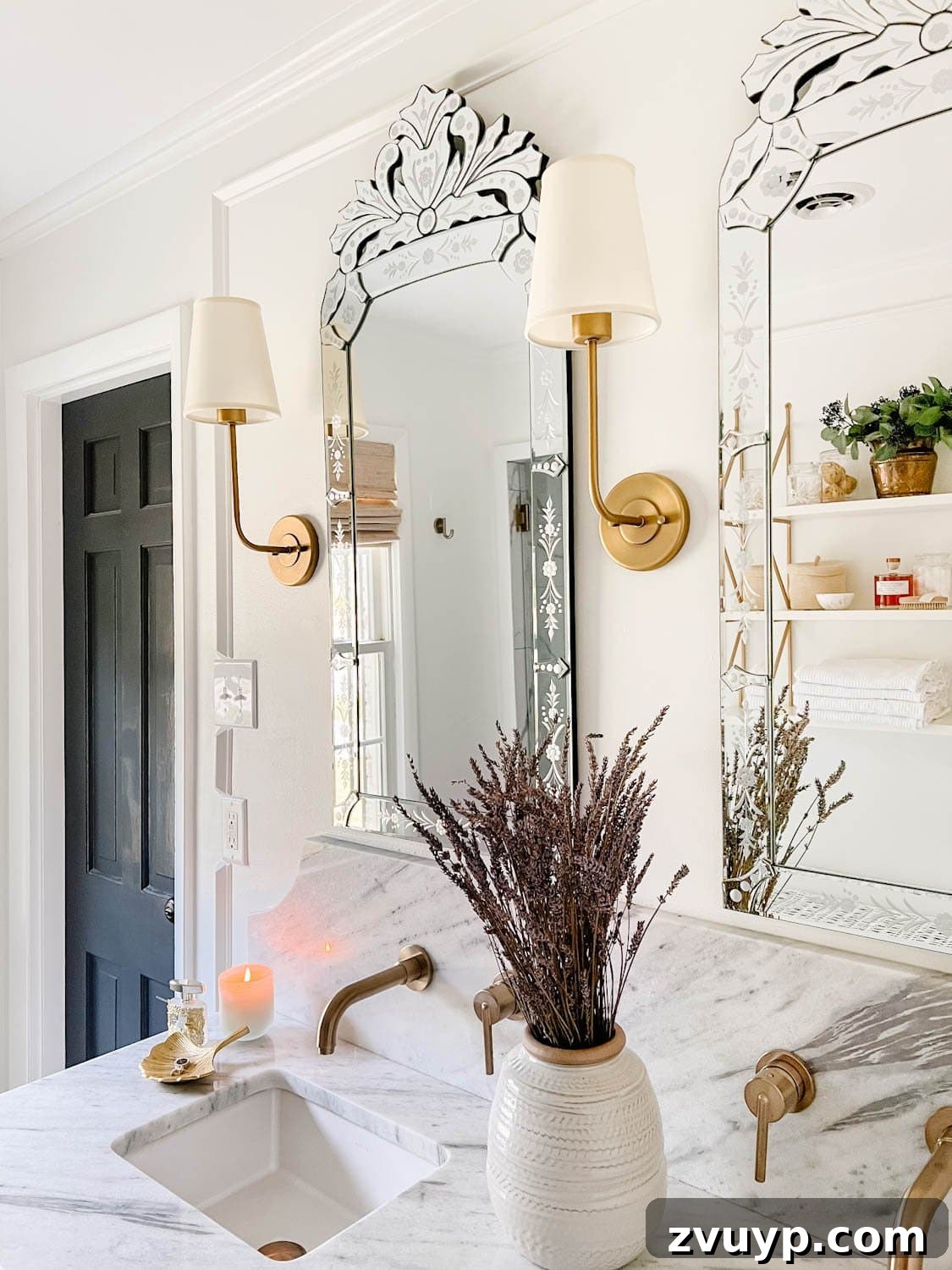 Spa Chic on a Shoestring: Elevate Your Bathroom 13 bathroom vanity decor ideas with lavender in a vase, candle, and jewelry tray