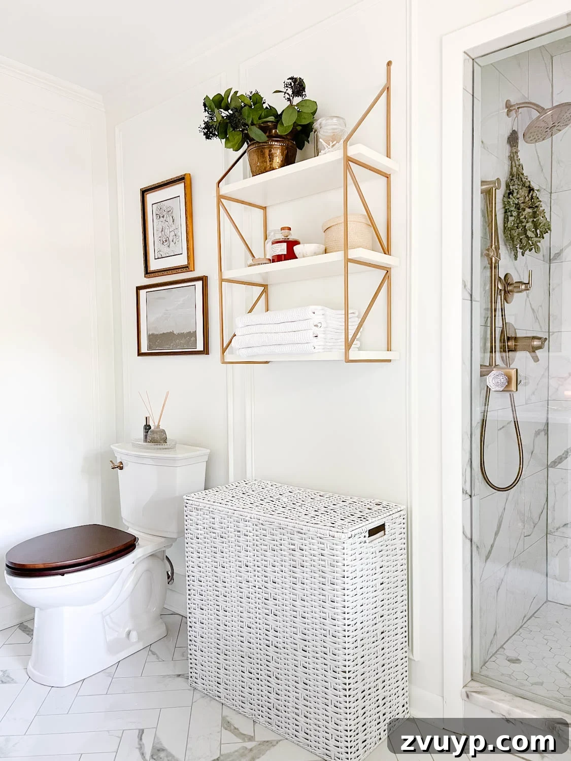 Spa Chic on a Shoestring: Elevate Your Bathroom 3 spa bathroom shelf with apothecary jars, eucalyptus from the shower head, and waffle weave towels