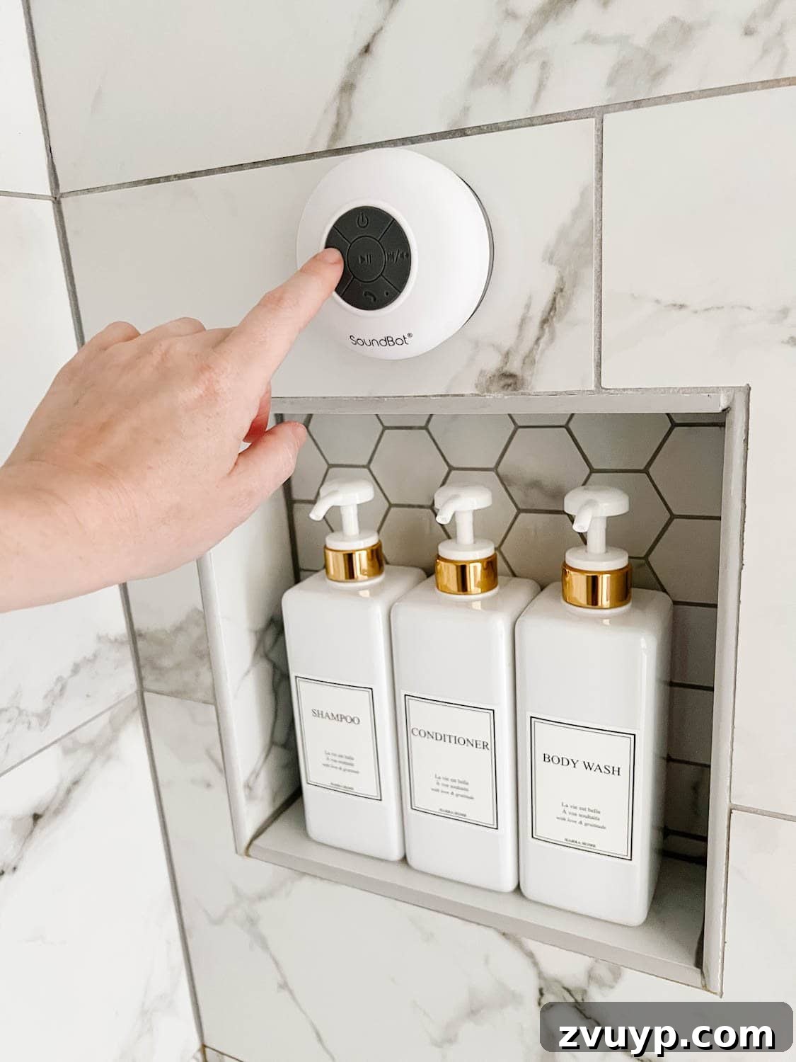 Spa Chic on a Shoestring: Elevate Your Bathroom 4 bluetooth shower speaker and matching soap dispensers to create a spa bathroom experience