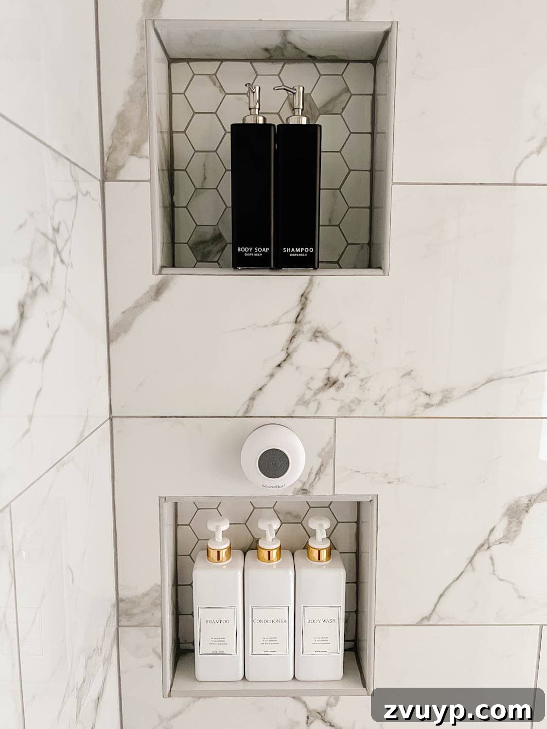 Spa Chic on a Shoestring: Elevate Your Bathroom 5 shower dispenser set in shower niche with waterproof bluetooth speaker