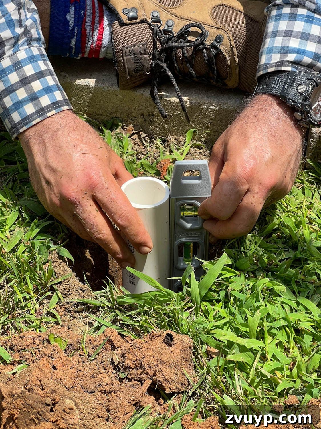 No Poles, No Problem: Creative Ways to Hang Backyard String Lights 17 checking to make sure PVC pipe is level in 2 foot deep hole