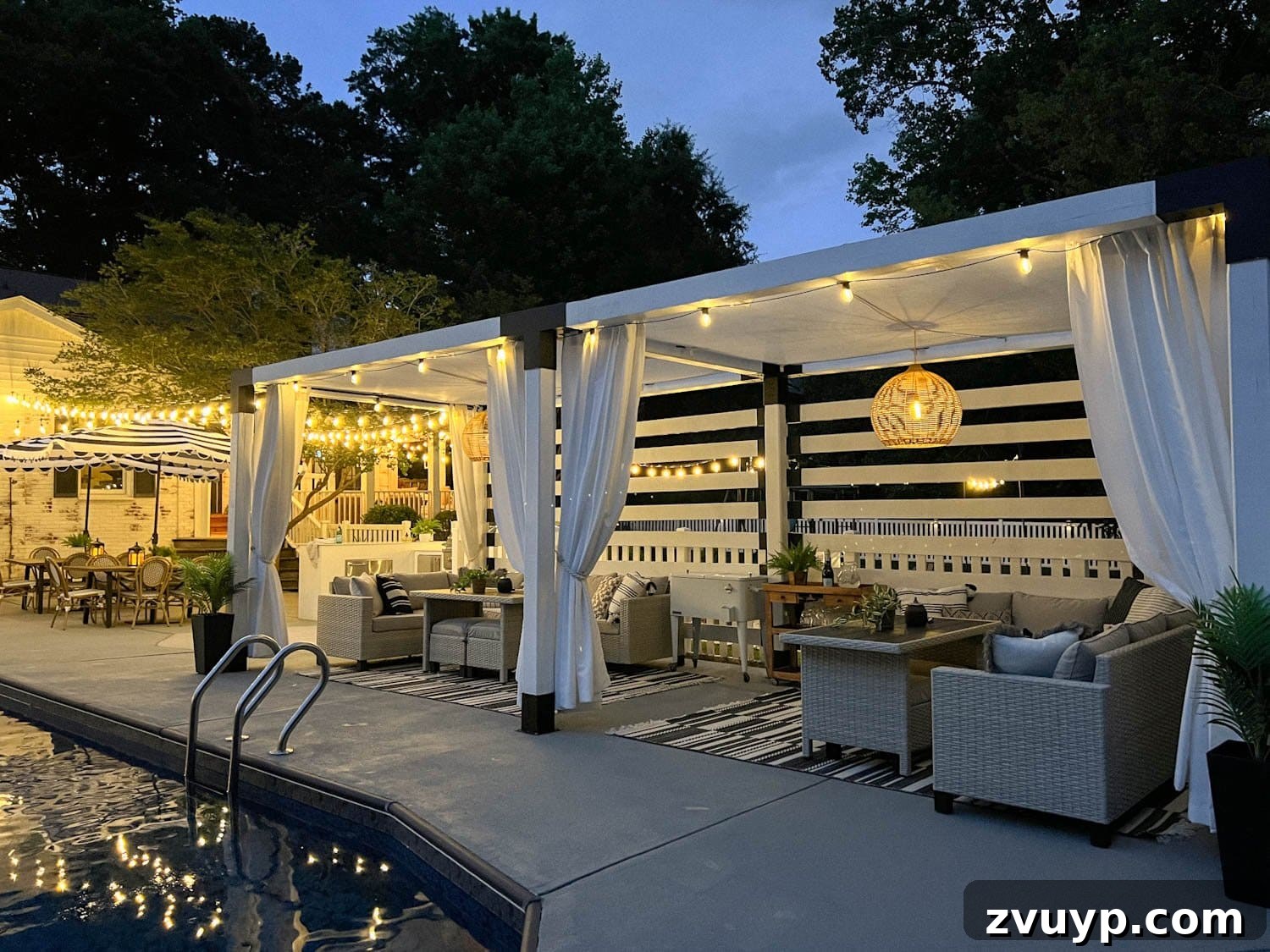 No Poles, No Problem: Creative Ways to Hang Backyard String Lights 3 backyard string lights around a pool and pergola
