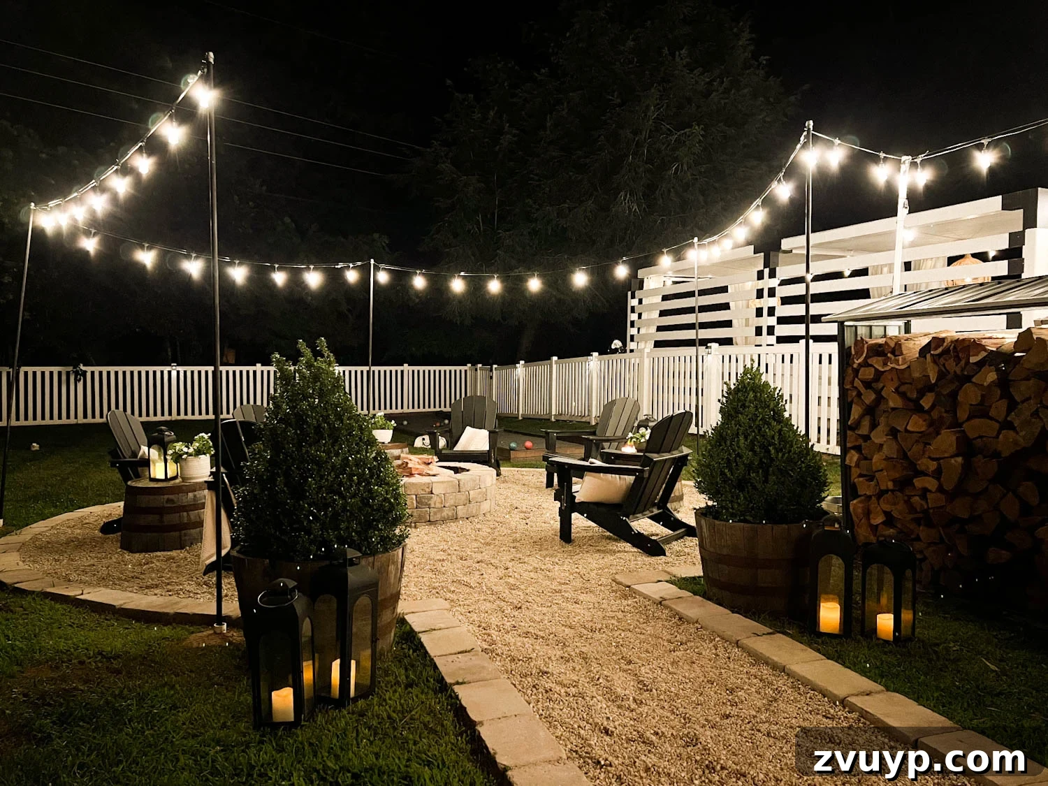 No Poles, No Problem: Creative Ways to Hang Backyard String Lights 5 outdoor string lights around a fire pit in a backyard
