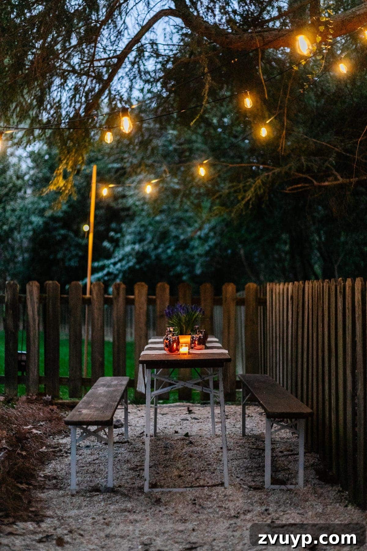 No Poles, No Problem: Creative Ways to Hang Backyard String Lights 50 solar lights hanging from a tree above an outdoor table