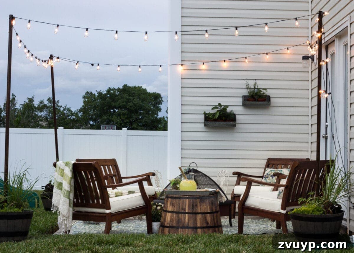 No Poles, No Problem: Creative Ways to Hang Backyard String Lights 59 planter posts with string lights hanging around a patio