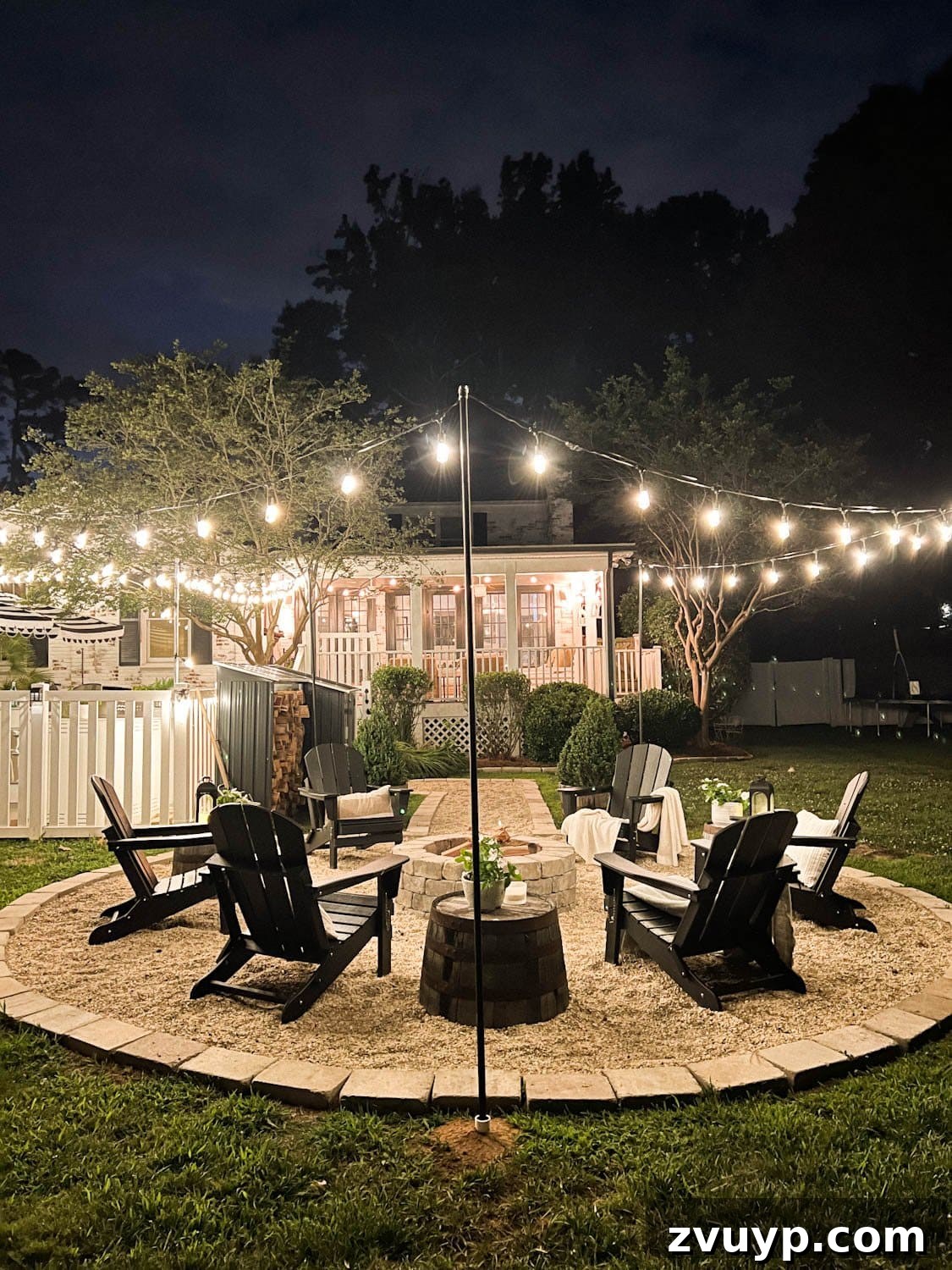No Poles, No Problem: Creative Ways to Hang Backyard String Lights 8 lights hanging around a fire pit with string light poles in the ground