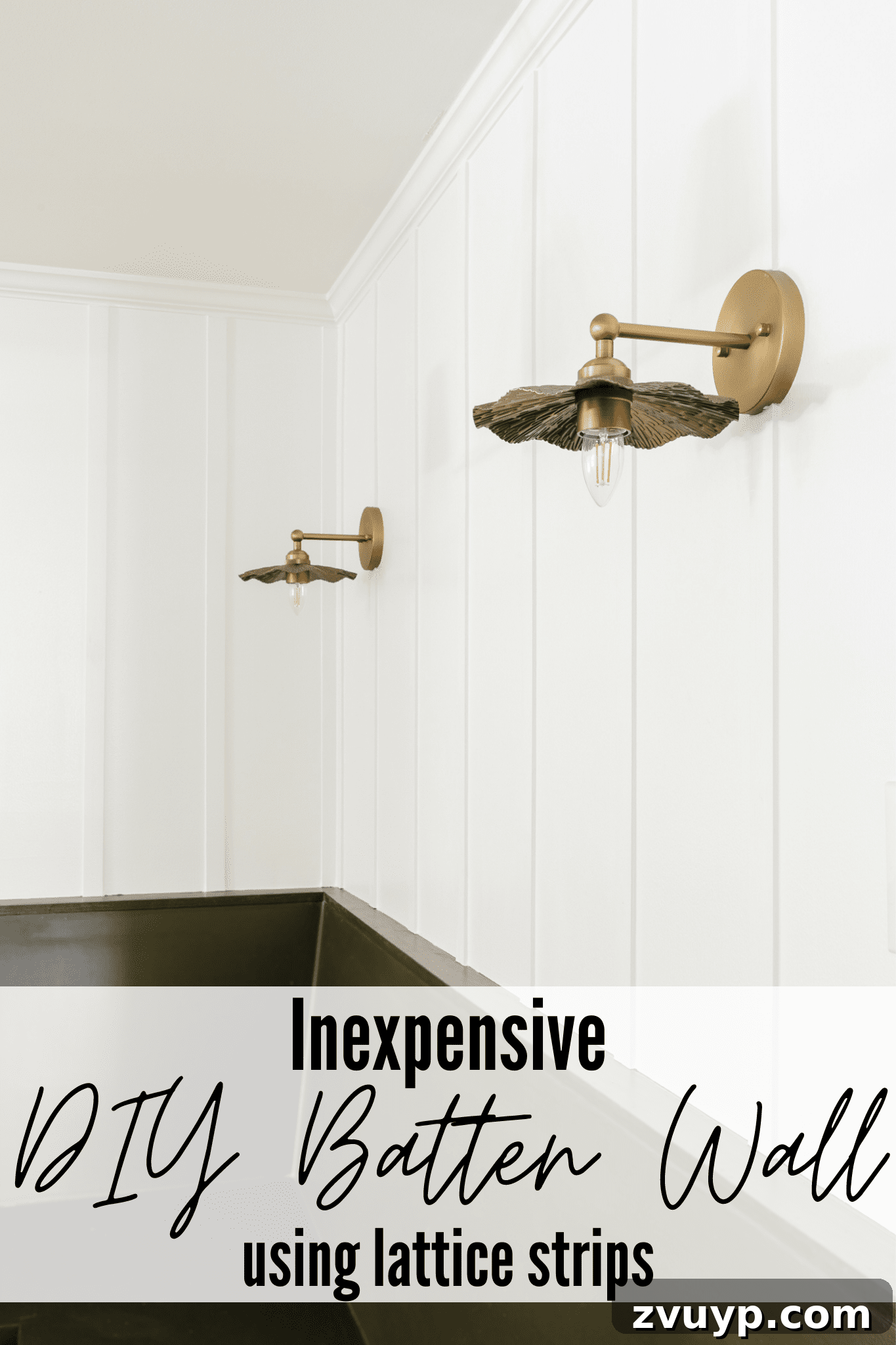 DIY Batten Wall Hack: Lattice Strips for an Affordable Look 2 A DIY batten wall behind brass vintage sconces above a green banquette bench in a beautifully styled breakfast nook.