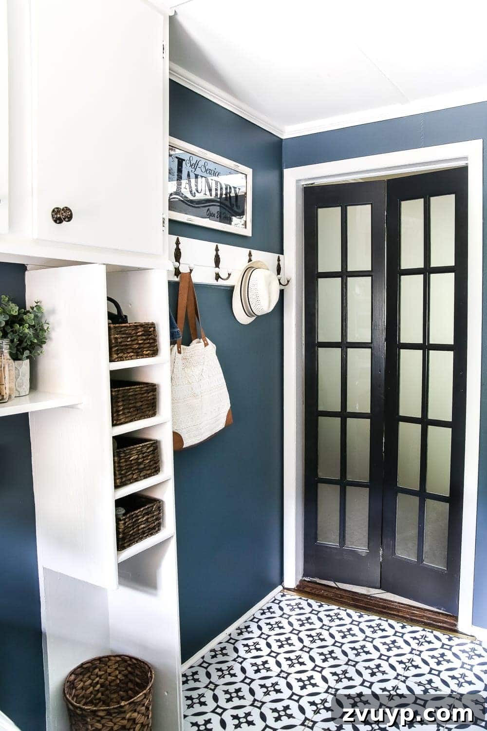 Stylish Glass on a Budget Window Film Ideas for Your Home 13 black bifold French door in a laundry room with frosted glass film