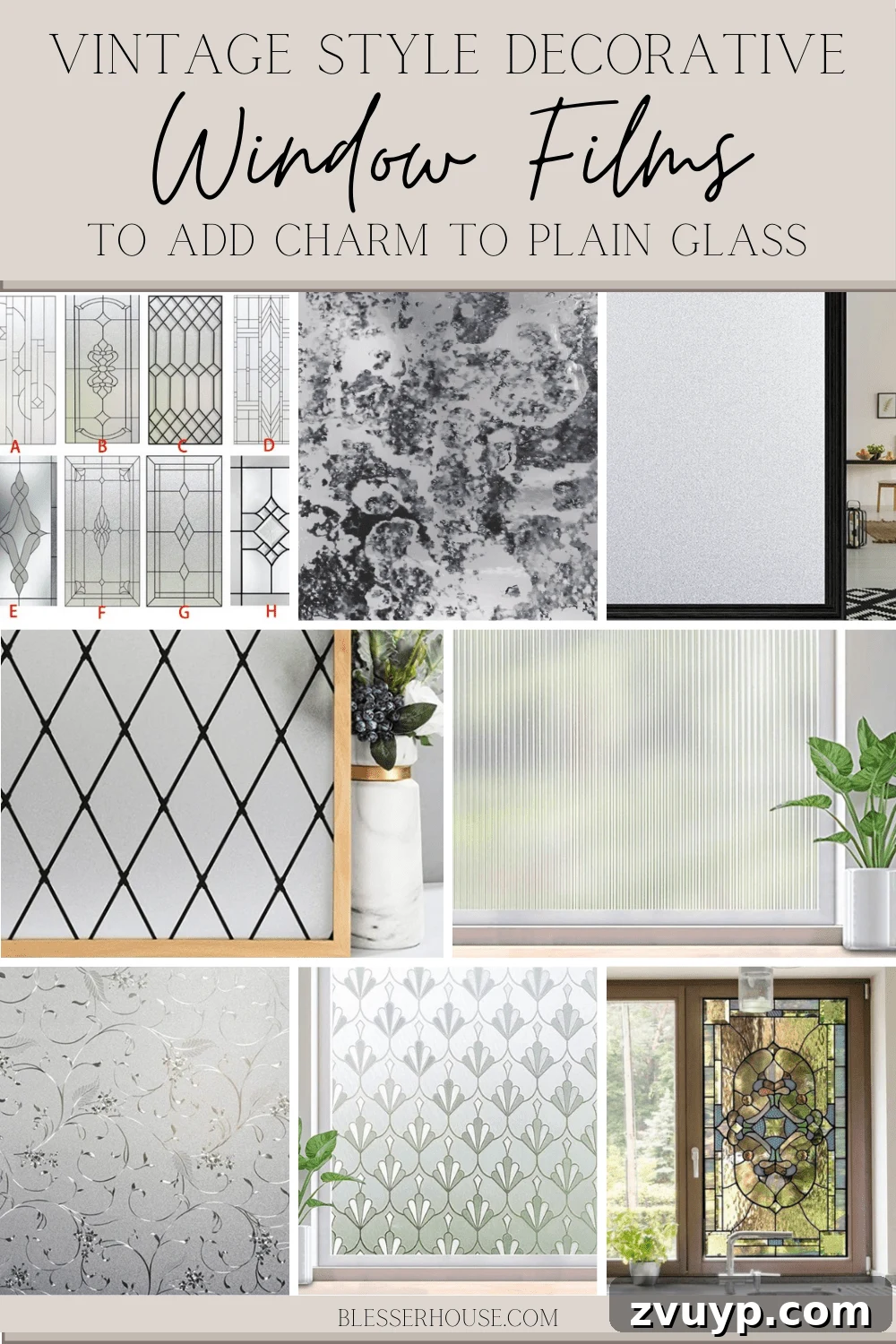 Stylish Glass on a Budget Window Film Ideas for Your Home 16 collage - vintage style decorative window films to add charm to plain glass
