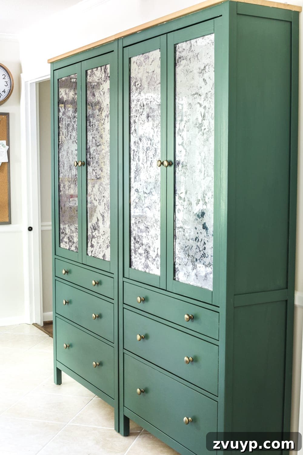 Stylish Glass on a Budget Window Film Ideas for Your Home 8 IKEA pantry cabinets painted green with antique mirror glass film on cabinet doors