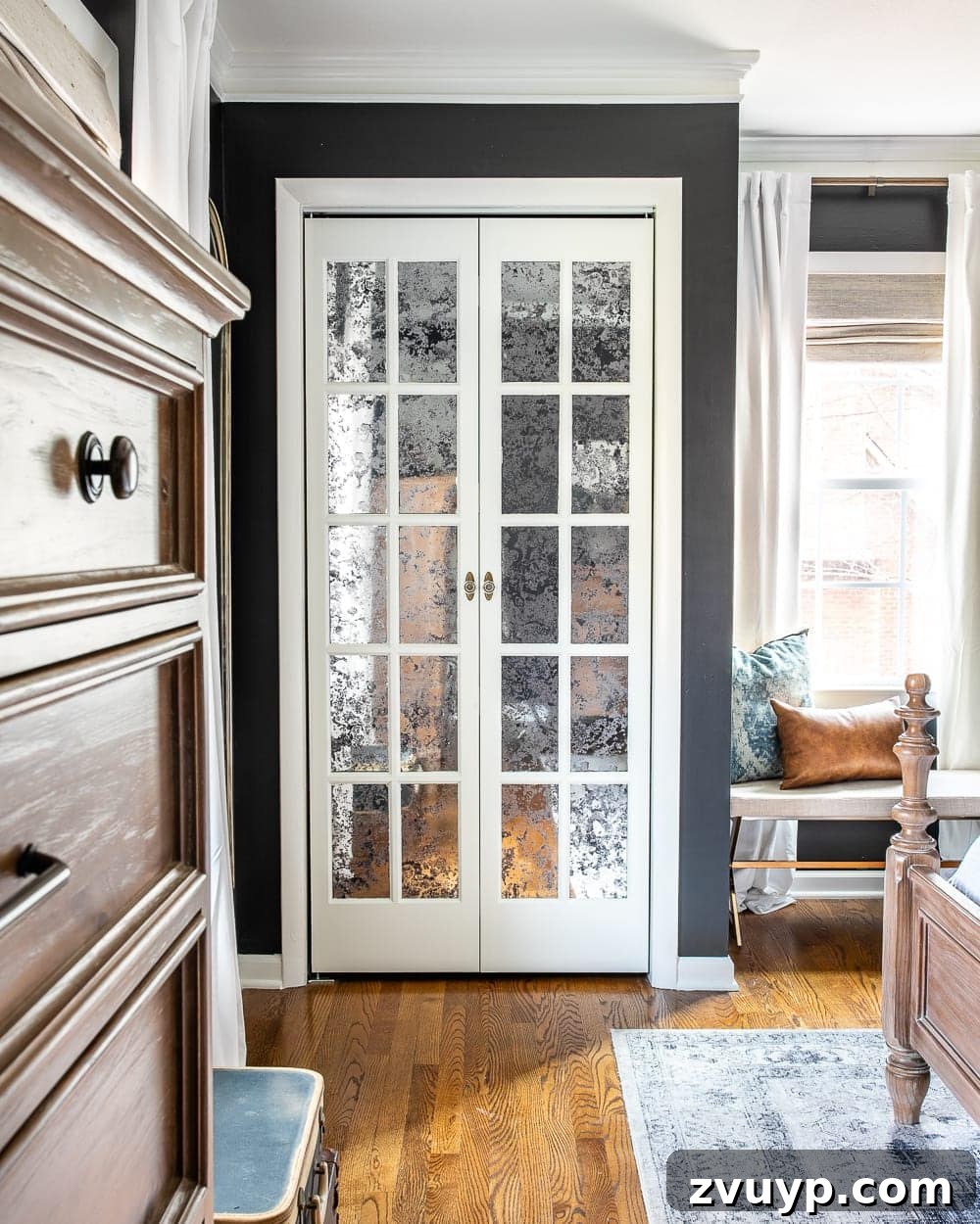Stylish Glass on a Budget Window Film Ideas for Your Home 9 white French bifold door with antique mirror glass film front in a bedroom