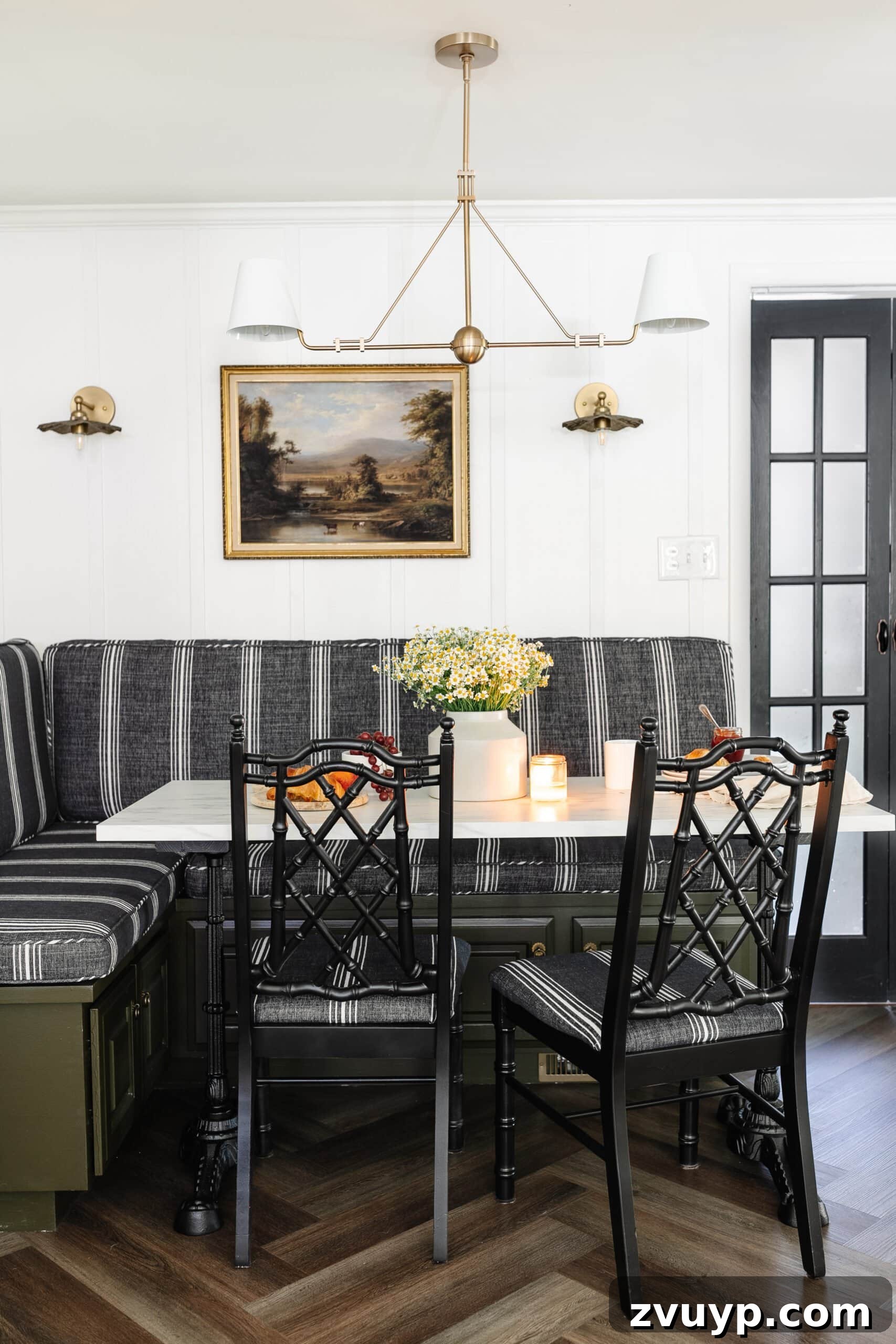 Corner Kitchen Refresh From Dated to Dazzling 13 breakfast table with banquette, bamboo chairs, and batten walls