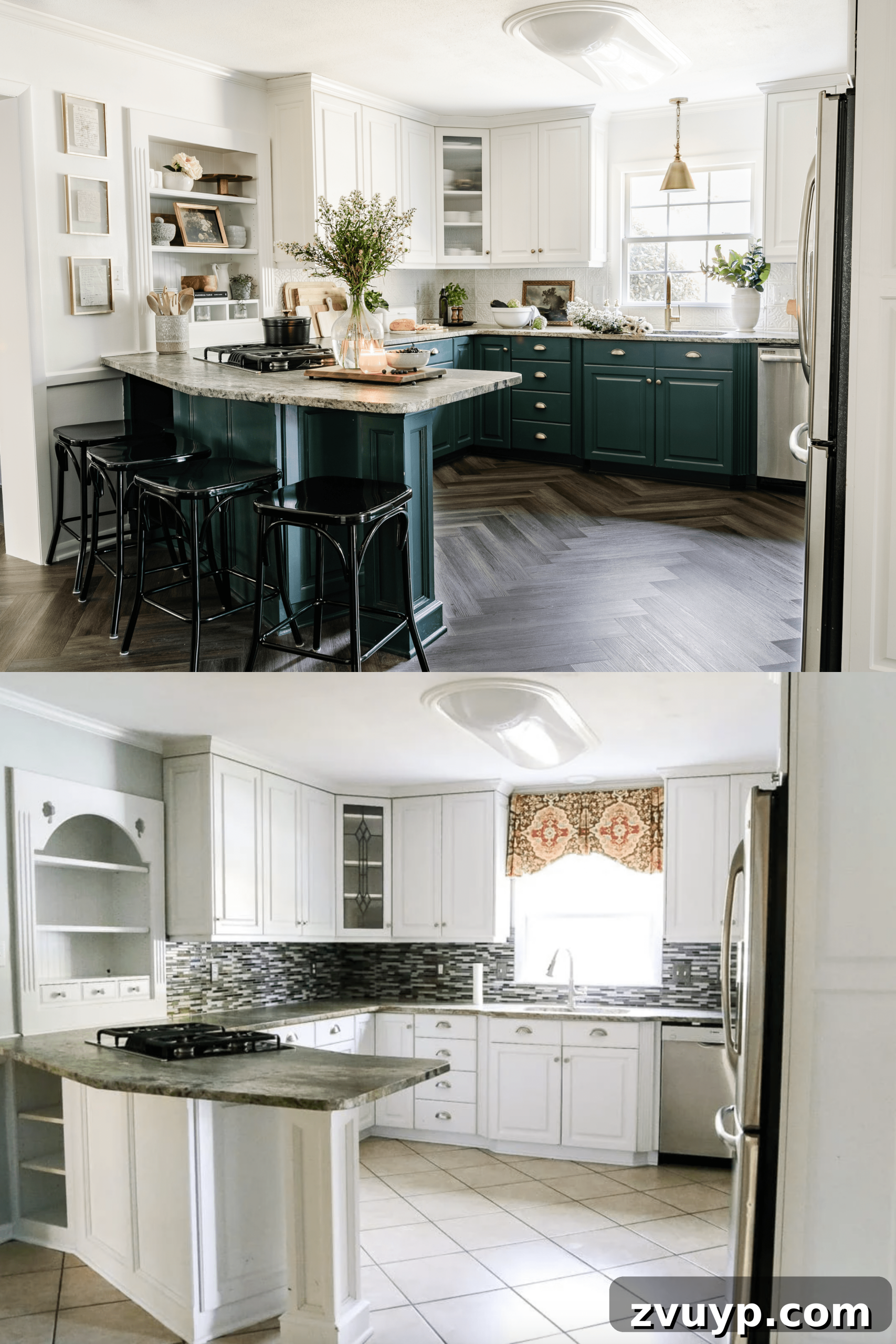 Corner Kitchen Refresh From Dated to Dazzling 3 kitchen before and after with new herringbone LVP flooring